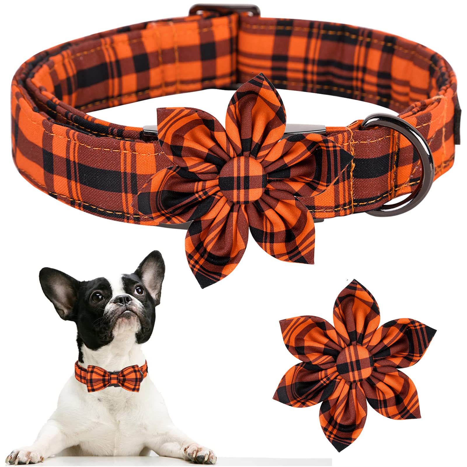Aring Pet Dog Collar-Halloween Dog Collar With Flower, Adorable Boy And Girl Fall Orange Grid Dog Collars Gifts With Metal Buckl
