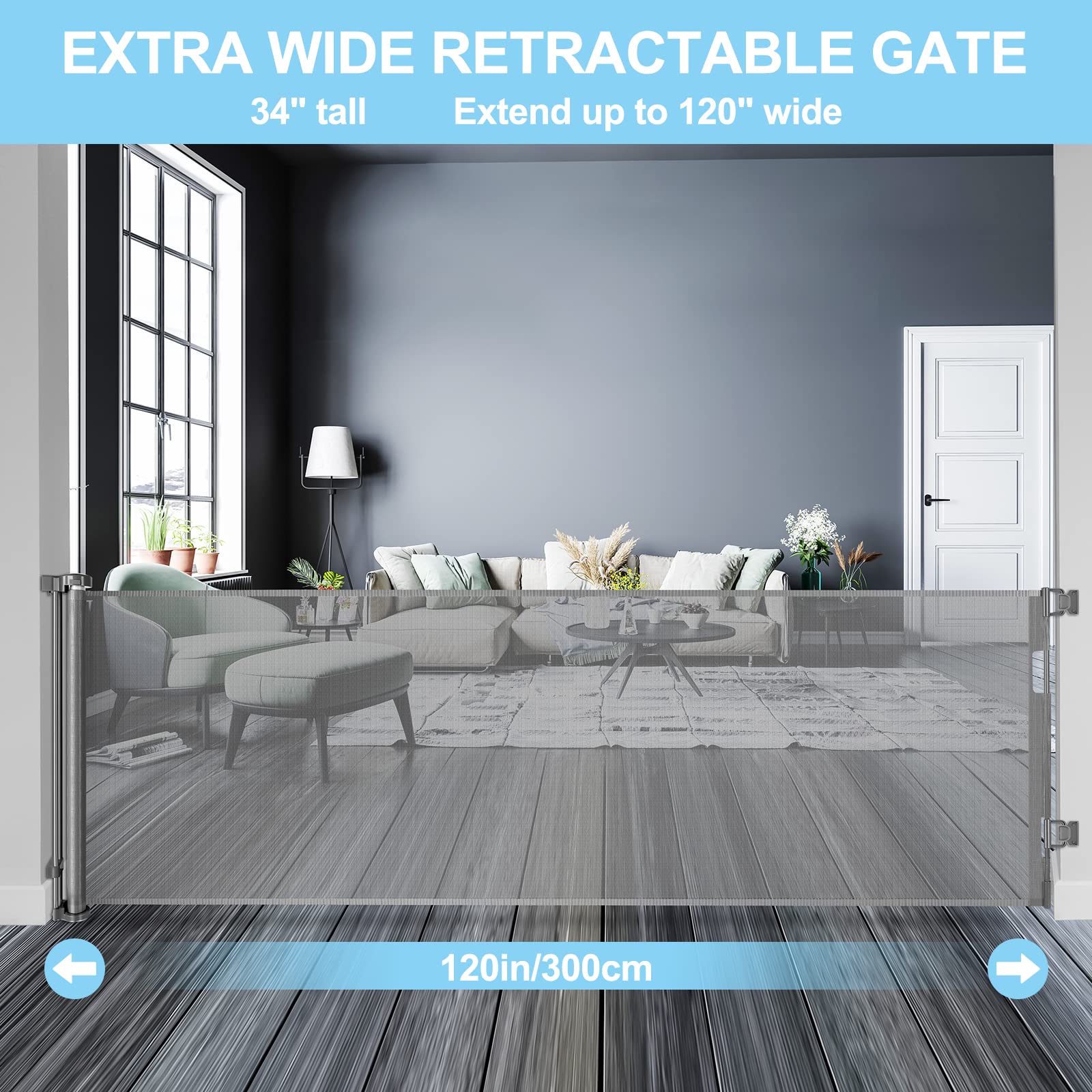120 Inch Extra Wide Baby Gate Extra Long Dog Gate For The House Retractable Baby Gates For Doorways Super Large Pet Gate For Dogs Indoor Mesh Child Gates For Wide Openings Safety Toddler Gates (Grey)