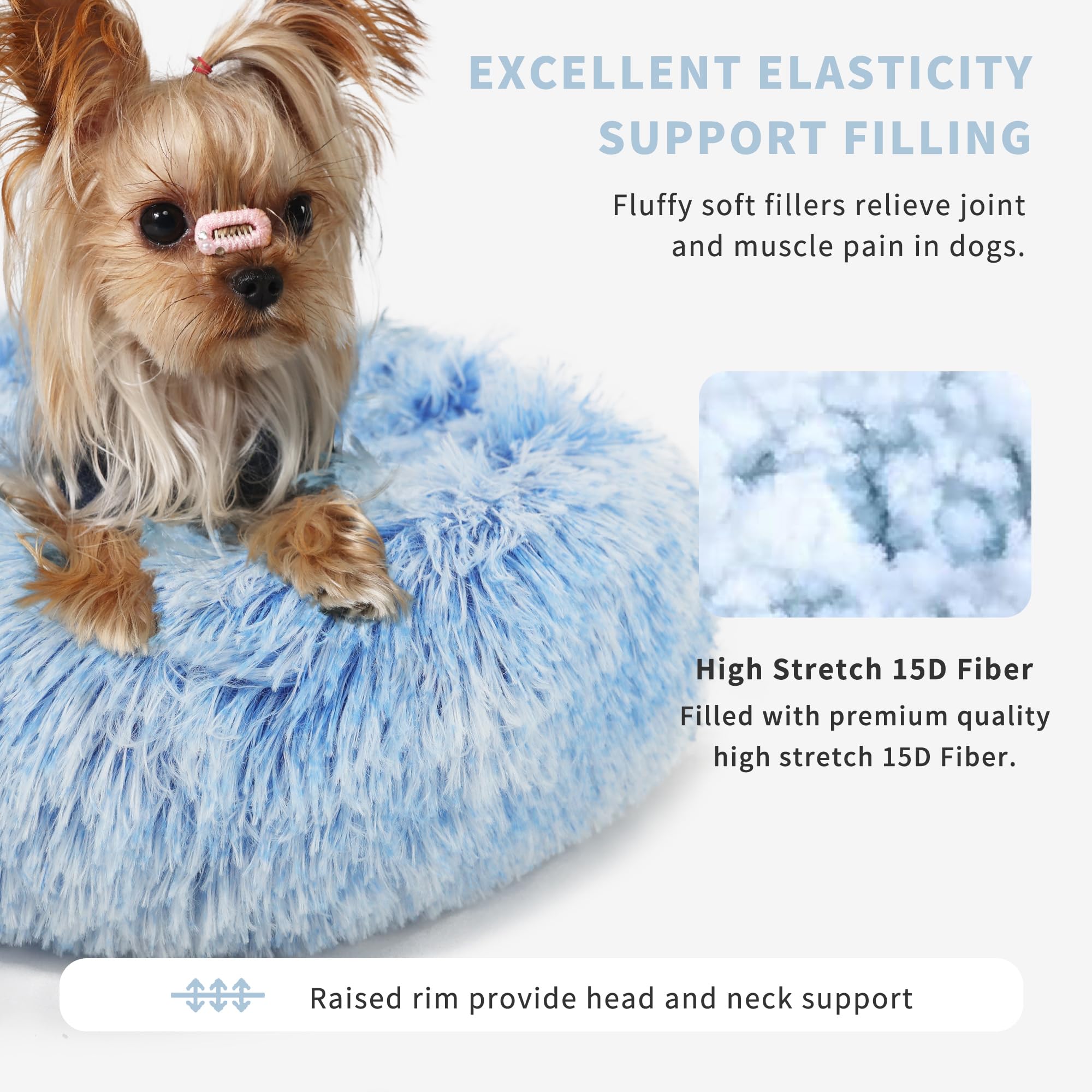 Blue and White Dog Bed Small Washable,Calming Dog Bed for Small Dogs,15 inches Donut Fluffy Pet Beds,Anti Anxiety Round Fits up