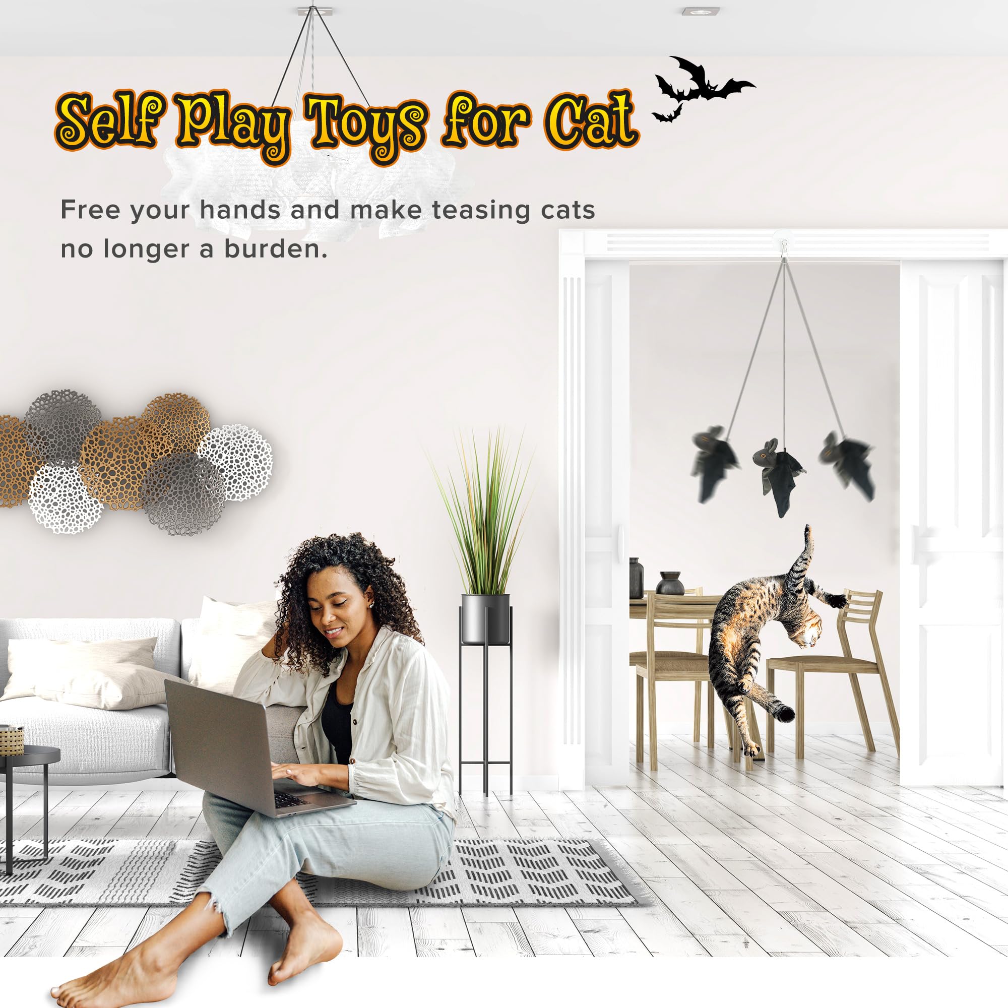 Lewiser Cat Toys, Rechargeable Intelligent Flapping Bat, Suitable For Cat Teaser Stick, Halloween Hanging Interactive Cat Toys For Indoor Cats Chase Exercise, Vivid Chirping, 3 Modes