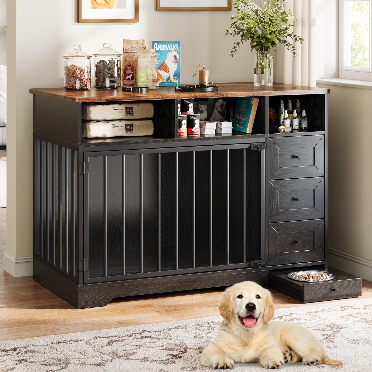 GarveeHome Dog Crate Furniture for Small Dogs, Wooden Dog Kennel Indoor with Storage Shelves, 3 Drawers & Hidden Bowl, Modern Pe