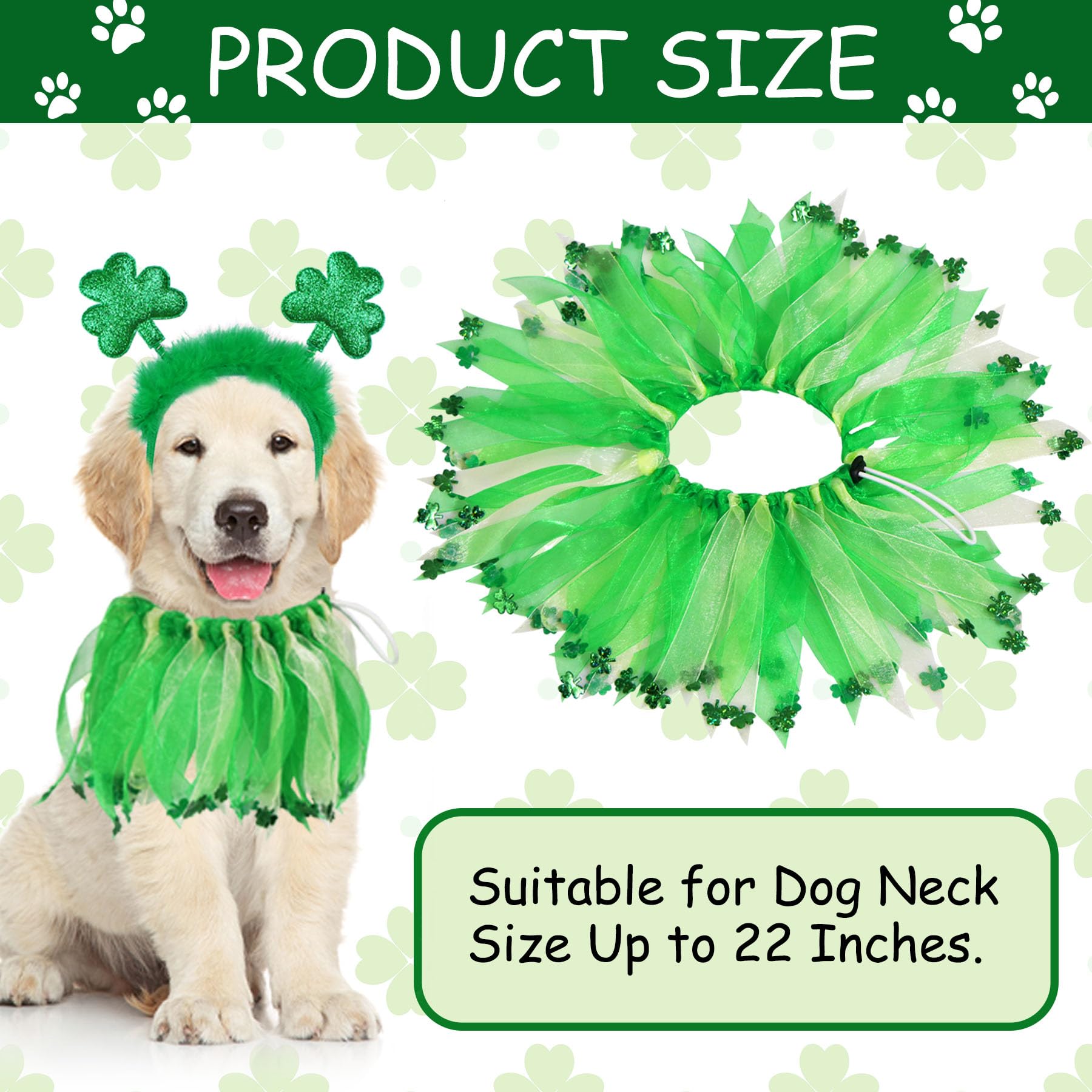 GOYOSWA Dog St. Patrick's Day Outfit, St Patricks Day Dog Costume Clothes Green Glitter Shamrock Dog Headband Dog Collar with Sh