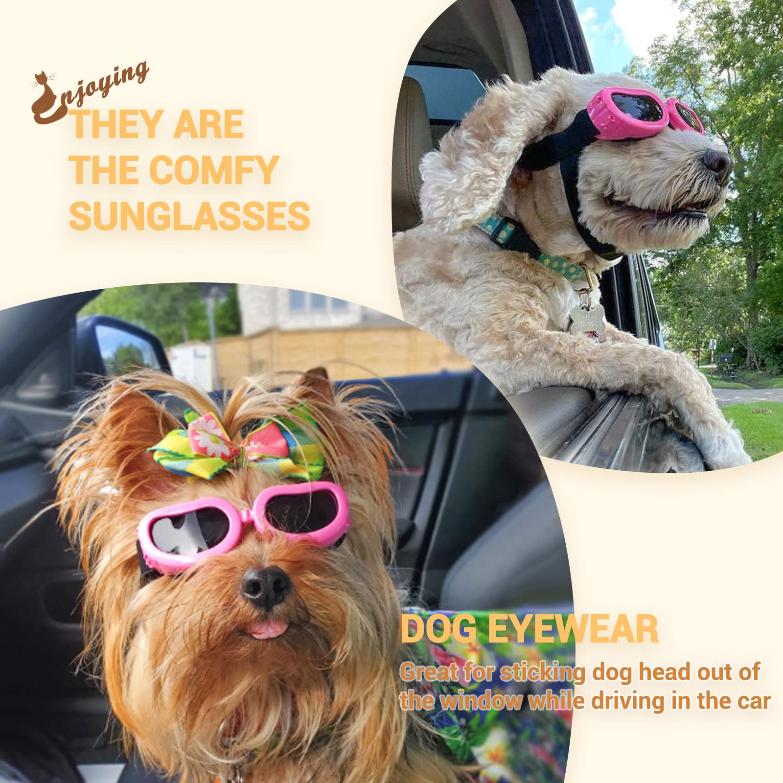 Enjoying Dog Goggles Small Breed, Uv Protection Sunglasses For Dogs Small Breed, Windproof Driving Doggy Goggles, Snow Day Dog Eye Protection, Anti-Fog Dustproof, Adjustable Straps, Pink