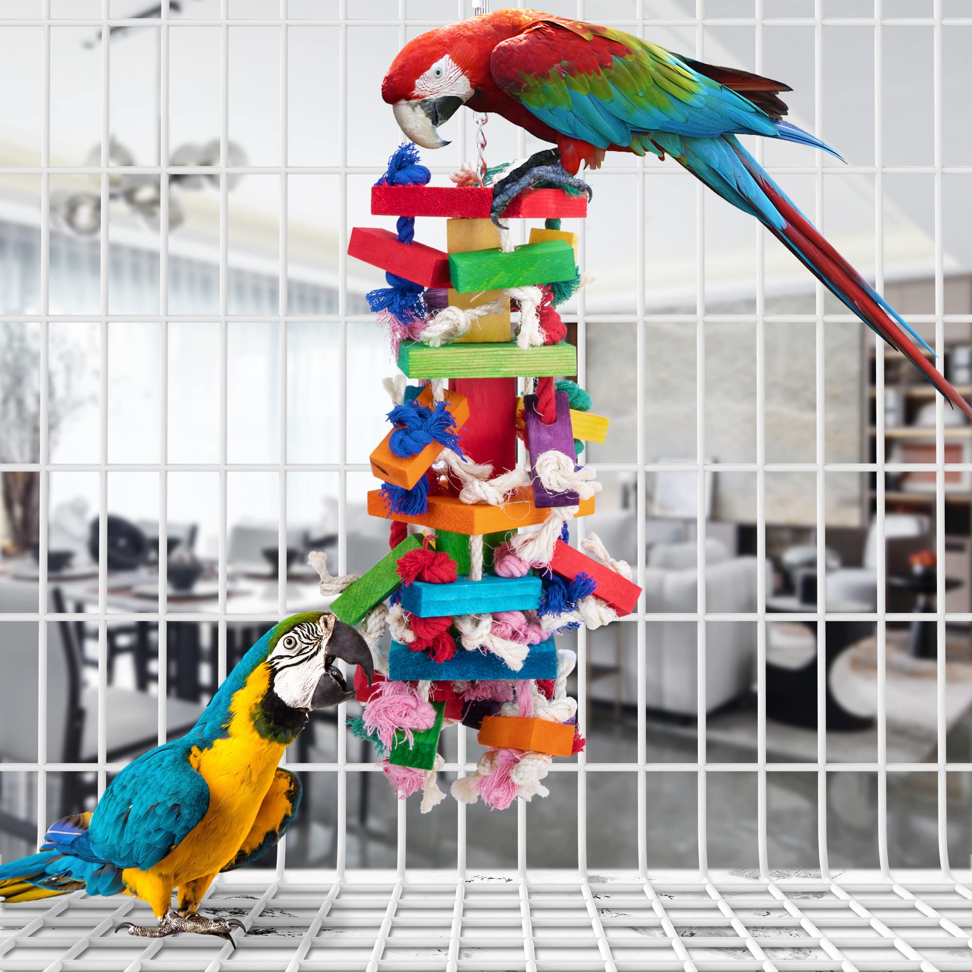 Deloky Bird Block Knots Tearing Toy- 19.7 Inch Multicolored Natural Wooden Parrot Chewing Toy Suggested For Macaws Cokatoos, African Grey And A Variety Of Amazon Parrots. (Large Size)