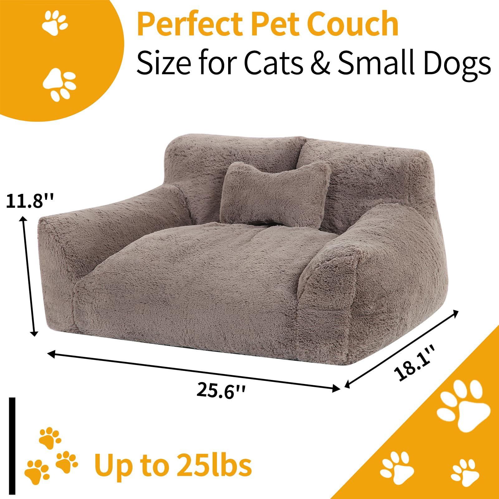 Bestroyal Fluffy Cat Couch For Indoor Cats, Small Dog Bed With Bone Shaped Pillow, Anti-Anxiety Pet Bed With Washable Cover, Bro