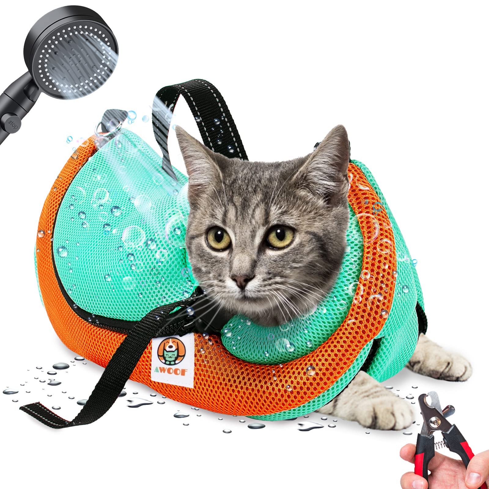 Awoof Cat Grooming Bag Adjustable Cat Bathing Bag Anti Scratch Bite Restraint Bag Cat Sling Bag Durable Mesh Cat Shower Bag For 