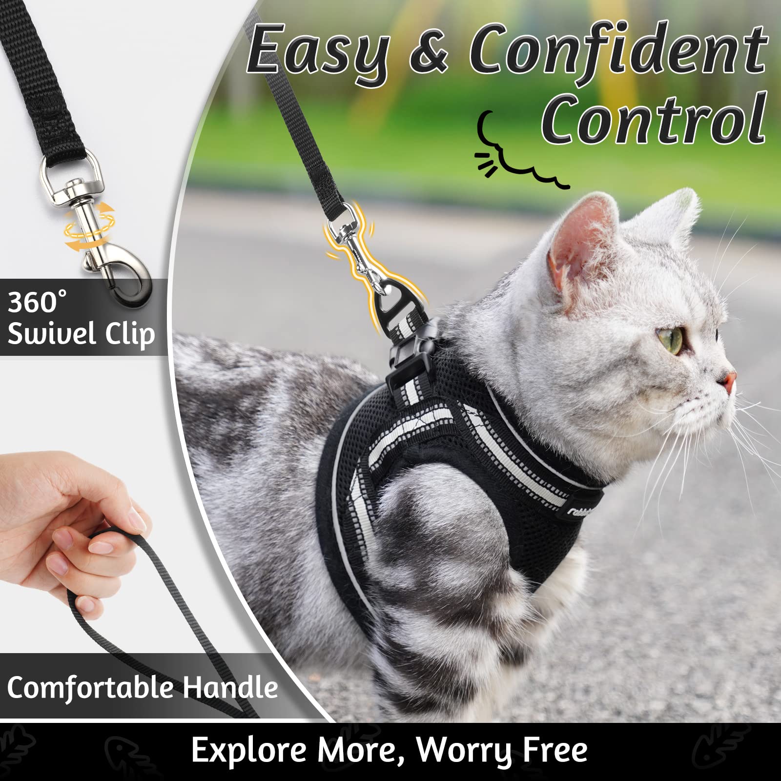 Rabbitgoo Cat Harness And Leash Set For Walking Escape Proof, Adjustable Soft Kittens Vest With Reflective Strip For Cats, Comfortable Outdoor Vest, Black, S