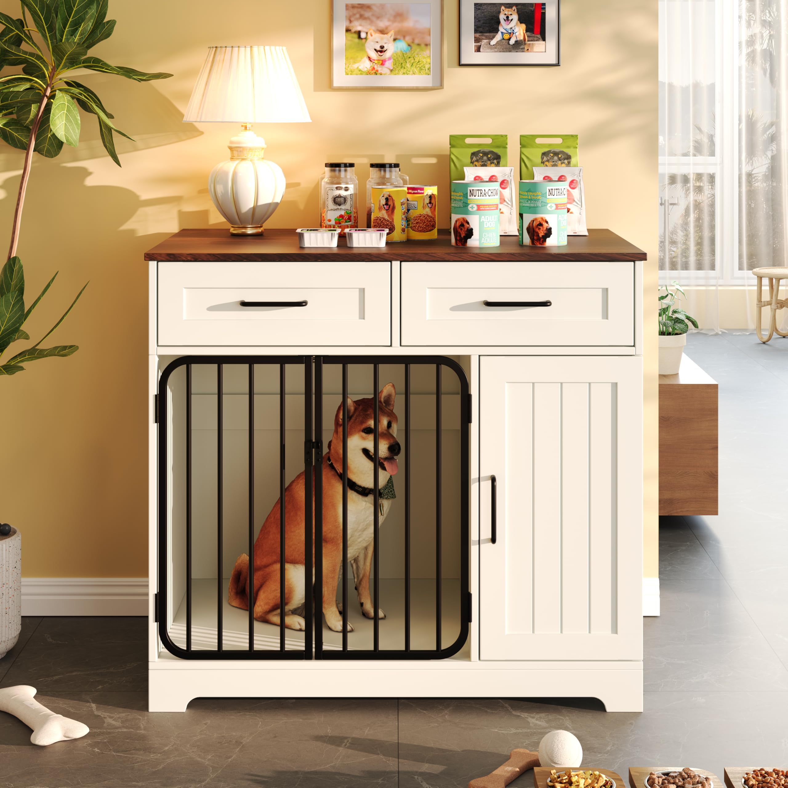 37.4  Dog Crate Furniture, Sturdy Indoor Dog Kennel with 2 Drawers and Storage Cabinet, Modern Furniture Dog Crate Side End Tabl