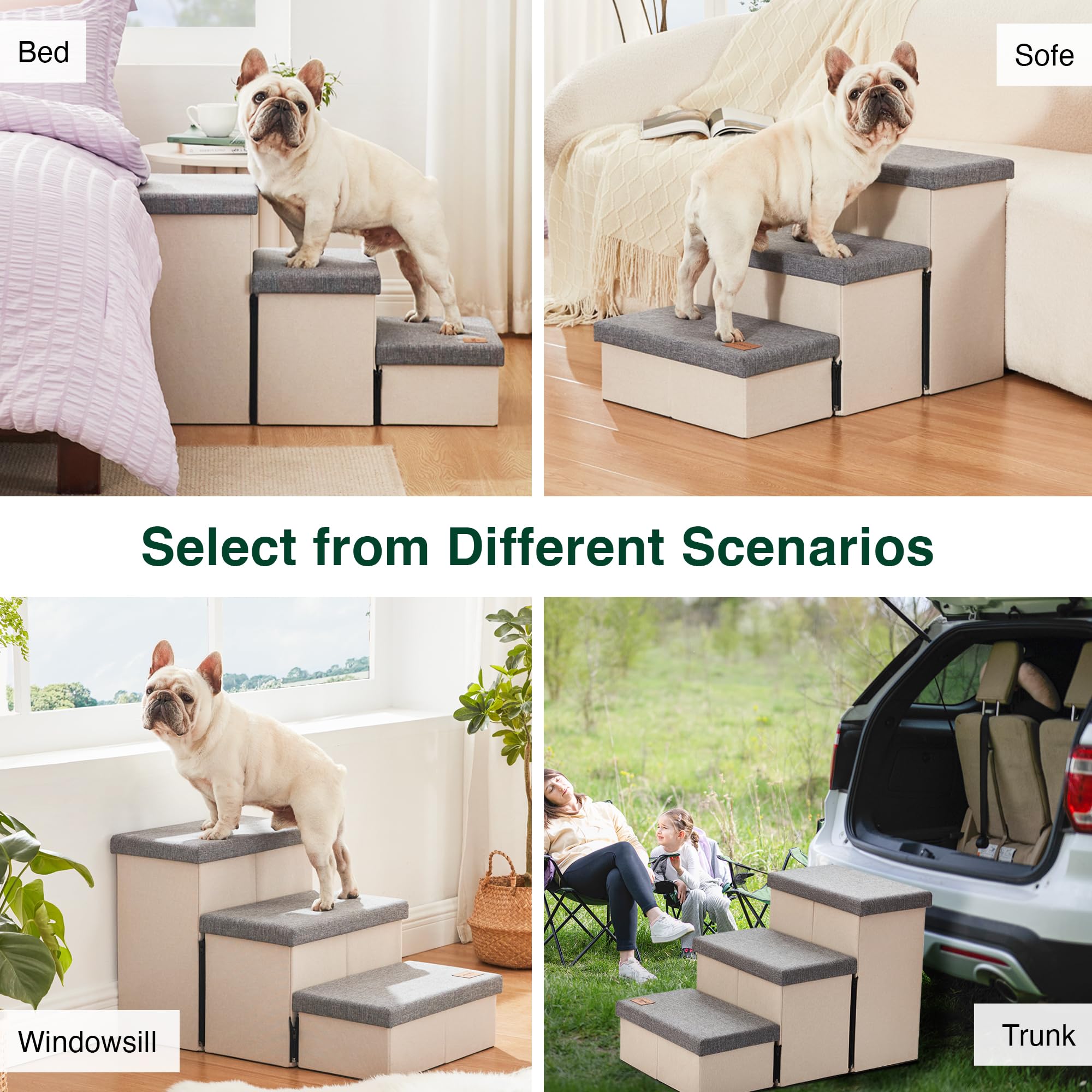 Love'S Cabin Dog Stairs For High Bed 18'H,Foldable Pet Stairs For Small Medium Or Large Dogs Puppy With Storage For Bed Or Couch, Cat Dog Steps Ramp With Zip Up To 210 Lbs(Light Grey,3 Steps No Condo)