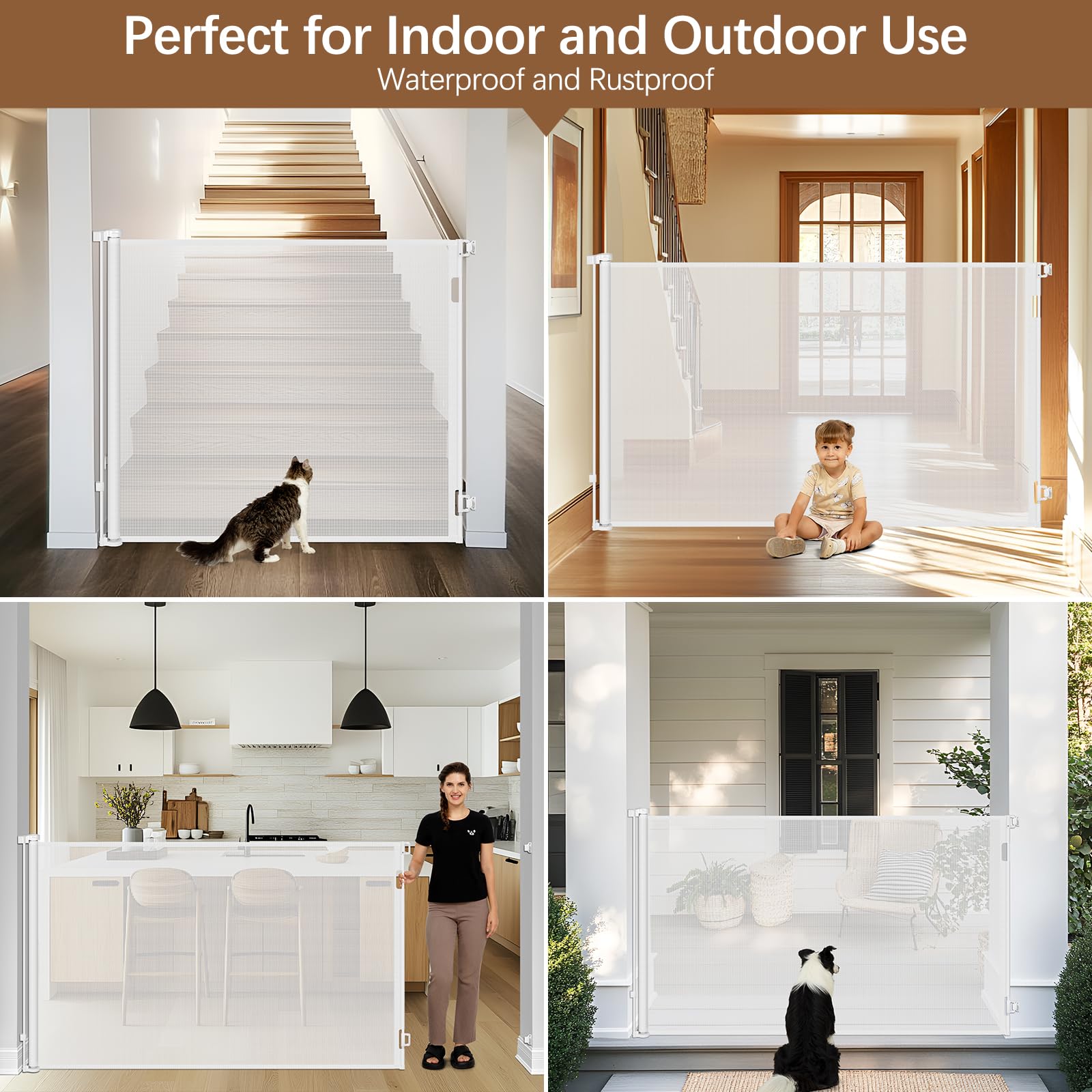 48 Inch Extra Tall Pet Gate 120'' Extra Long Retractable Baby Gate - No Jumping Over, Indoor Tall Retractable Dog Gate Outdoor E