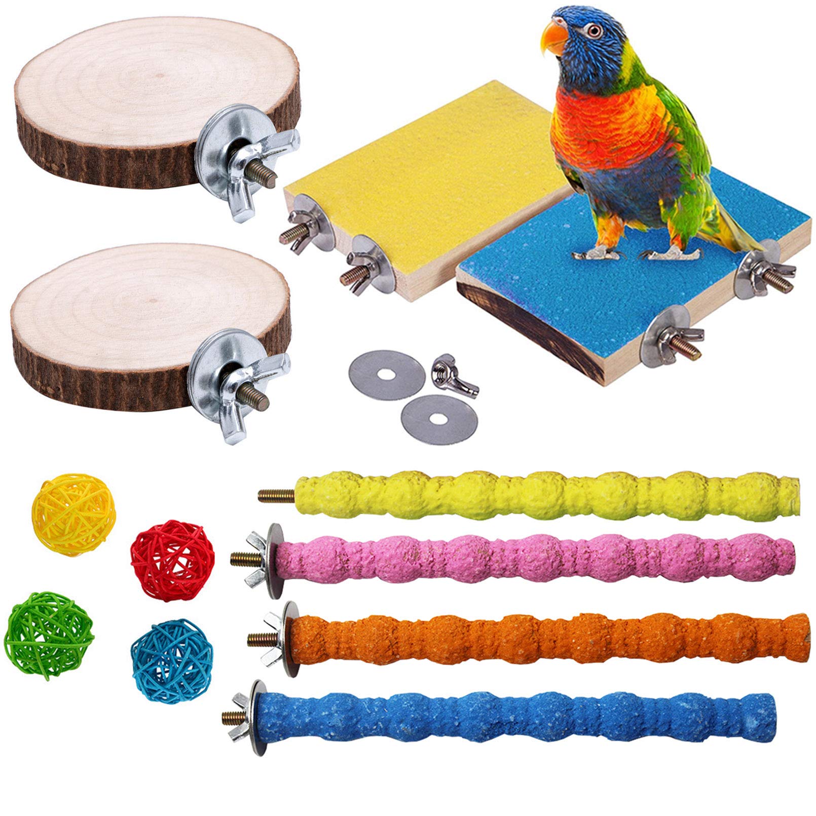 Hamiledyi Bird Perch Stand, 12Pcs Wood Parrot Perch Stand Platform, Paw Grinding Rough-Surfaced Parakeet Cage Accessories Exercise Toy For Budgies Conure Cockatiel Hamster (Random Color)