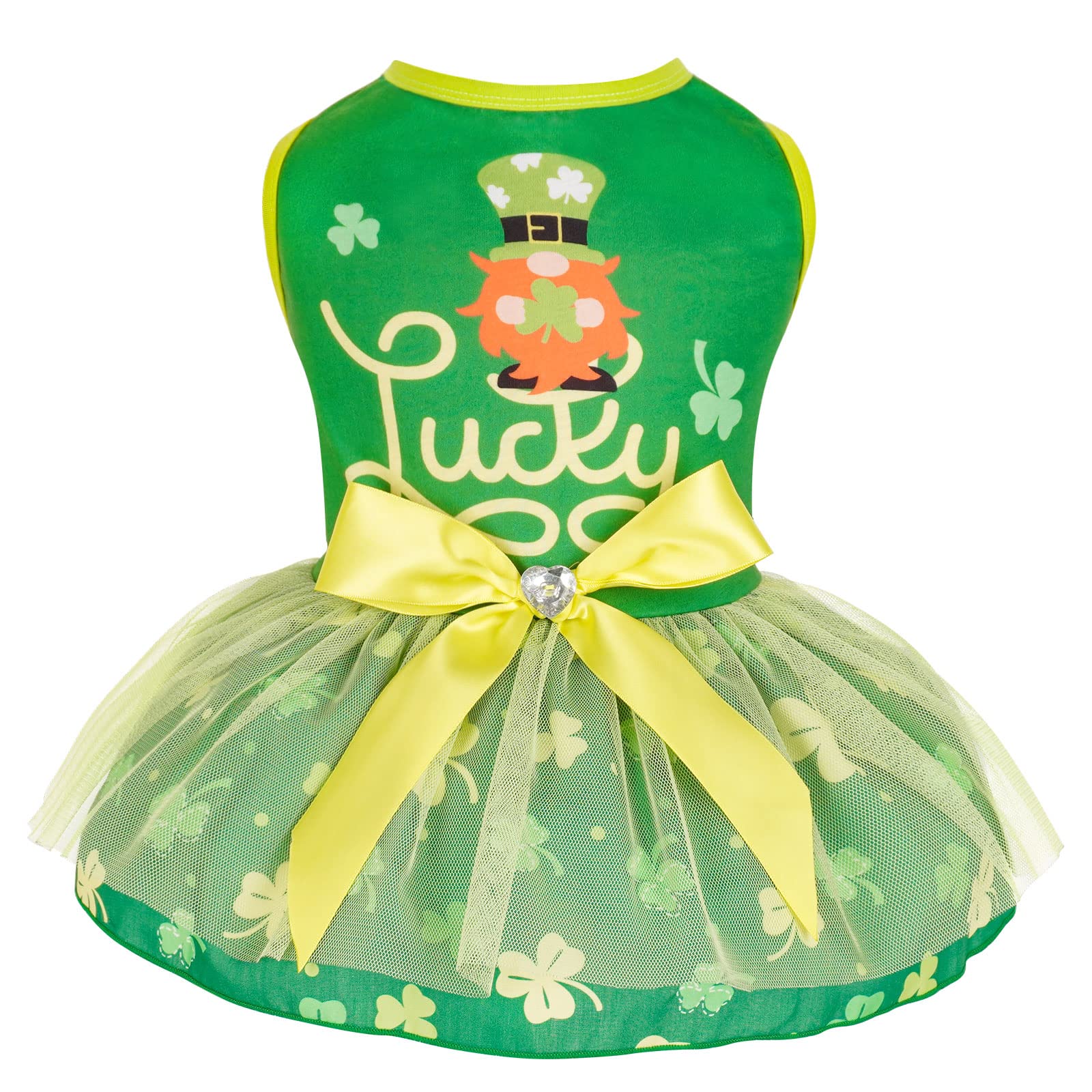 Cyeollo St. Patrick'S Day Dog Dress Lucky Shamrock Dog Tulle Skirt With Bowtie For Small Dogs Puppy