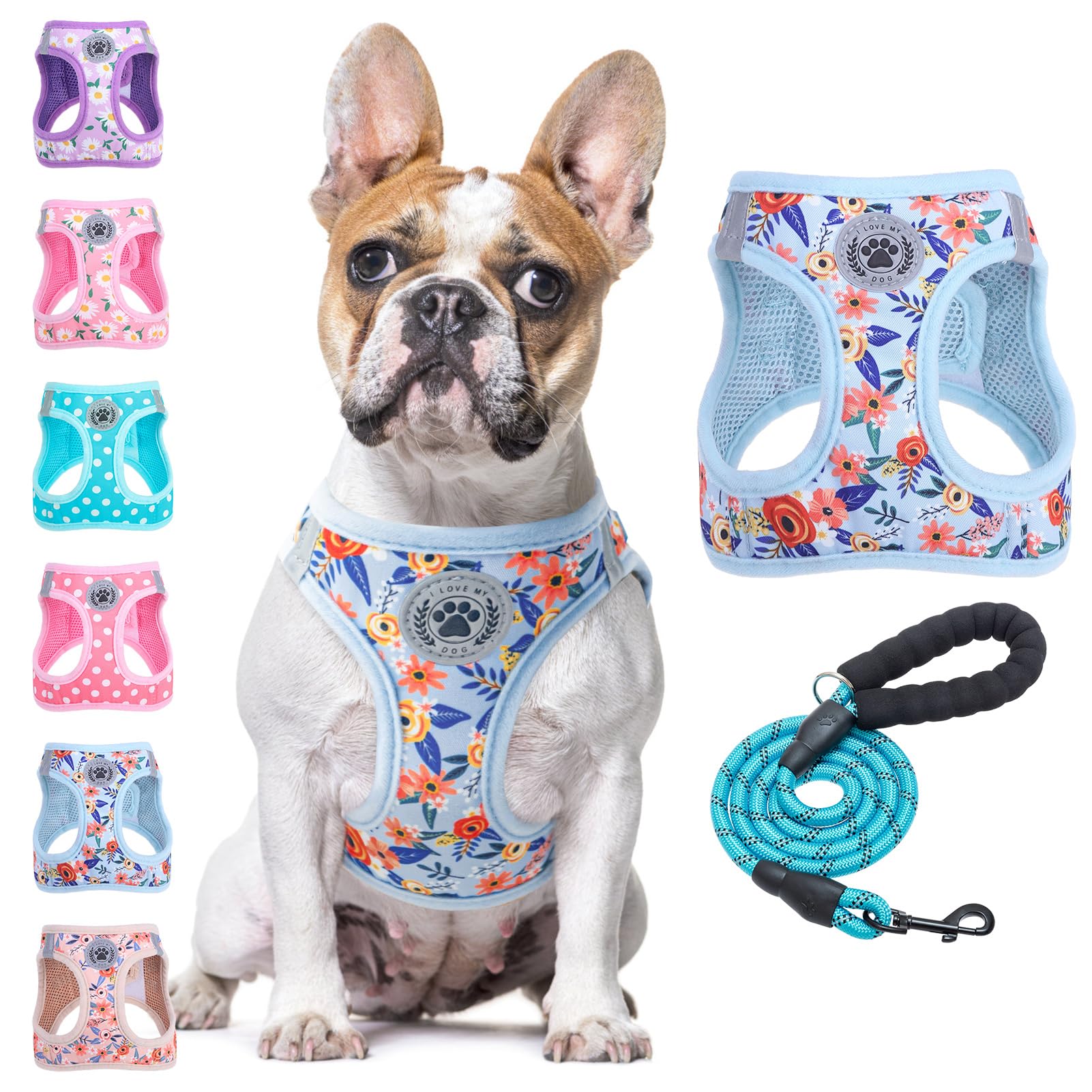 Beautyzoo Step In Dog Harness And Leash Set,Floral Pattern Reflective Dog Harness No Pull No Choke Puppy Harness For Small Mediu