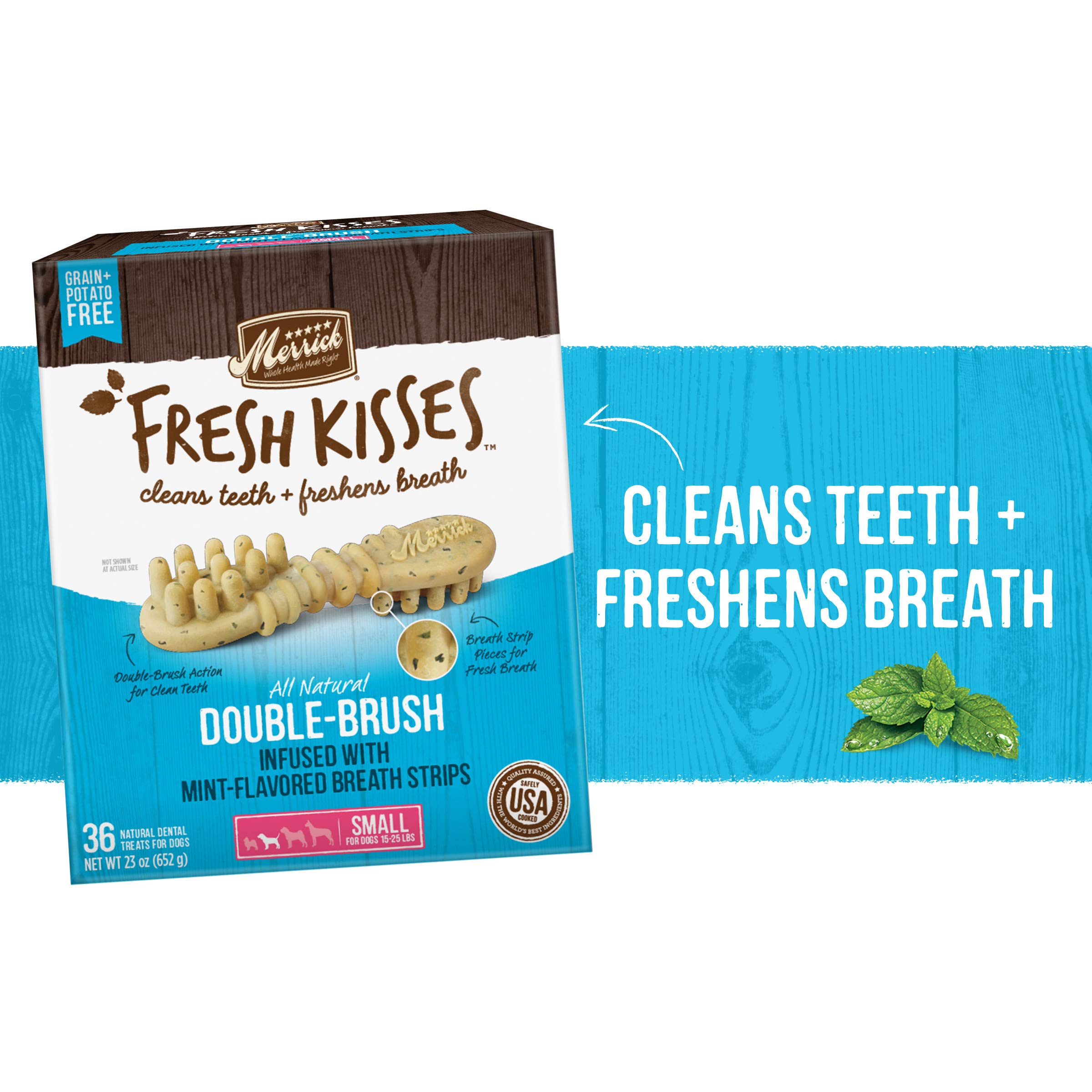 Merrick Fresh Kisses Natural Dental Chews, Toothbrush Treat Shape Infused With Real Mint, Small Dogs 15-25 Lbs - 36 ct. Box