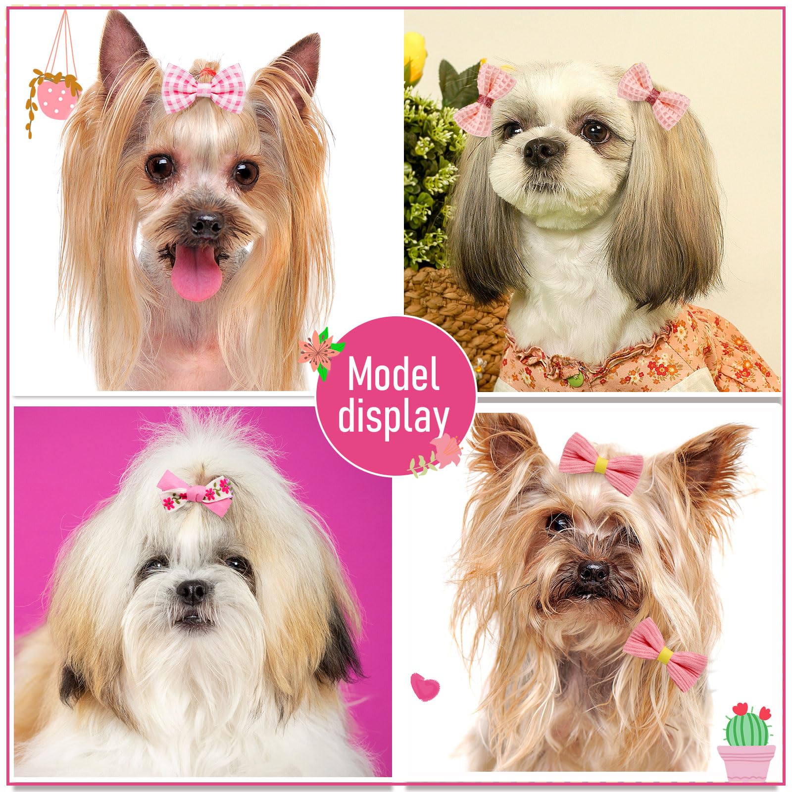 Mruq pet 20pc Light Pink Small Dog Hair Bows with Rubber Bands, Bulk Puppy Dog Hair Bows, Mix Handmade Cute Dog Gooming Flower B