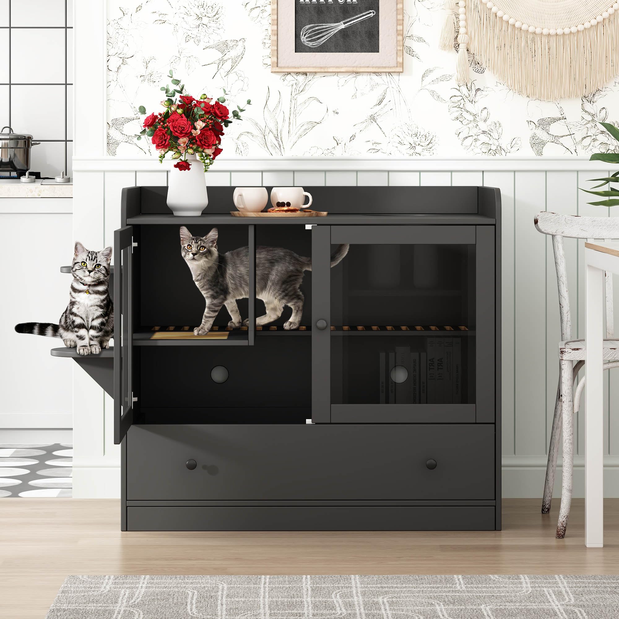 Dawnspaces Extra Large Cat Litter Box Enclosure Furniture Hidden, Cat Condo Cabinet Pet House With Stairs For 2, Nightstand Side