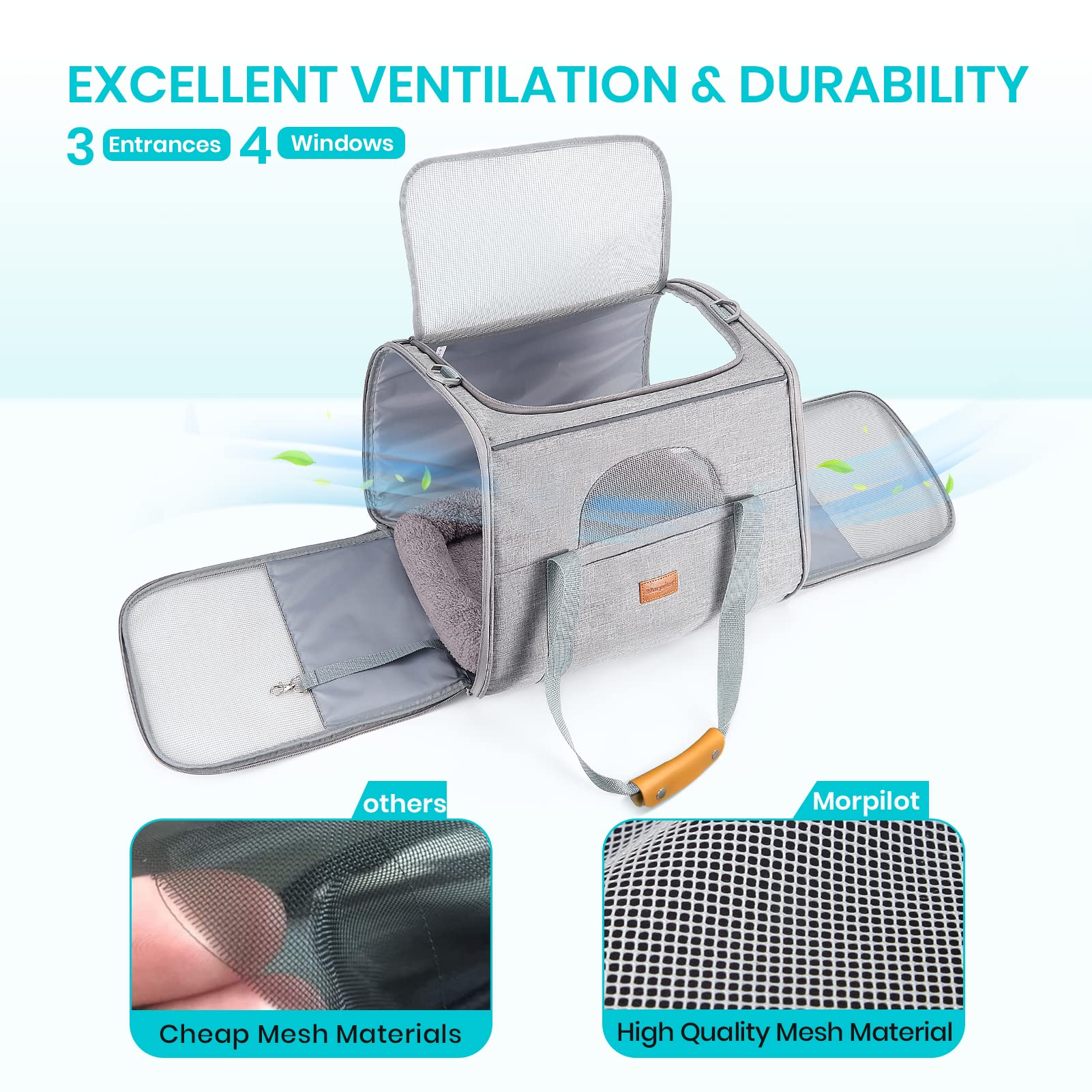 Morpilot Portable Cat Carrier - Soft Sided Cat Carrier For Medium Cats And Puppy Up To 15Lbs, Pet Carrier With Locking Safety Zippers, Foldable Bowl, Airline Approved Travel Dog Carrier - Light Gray