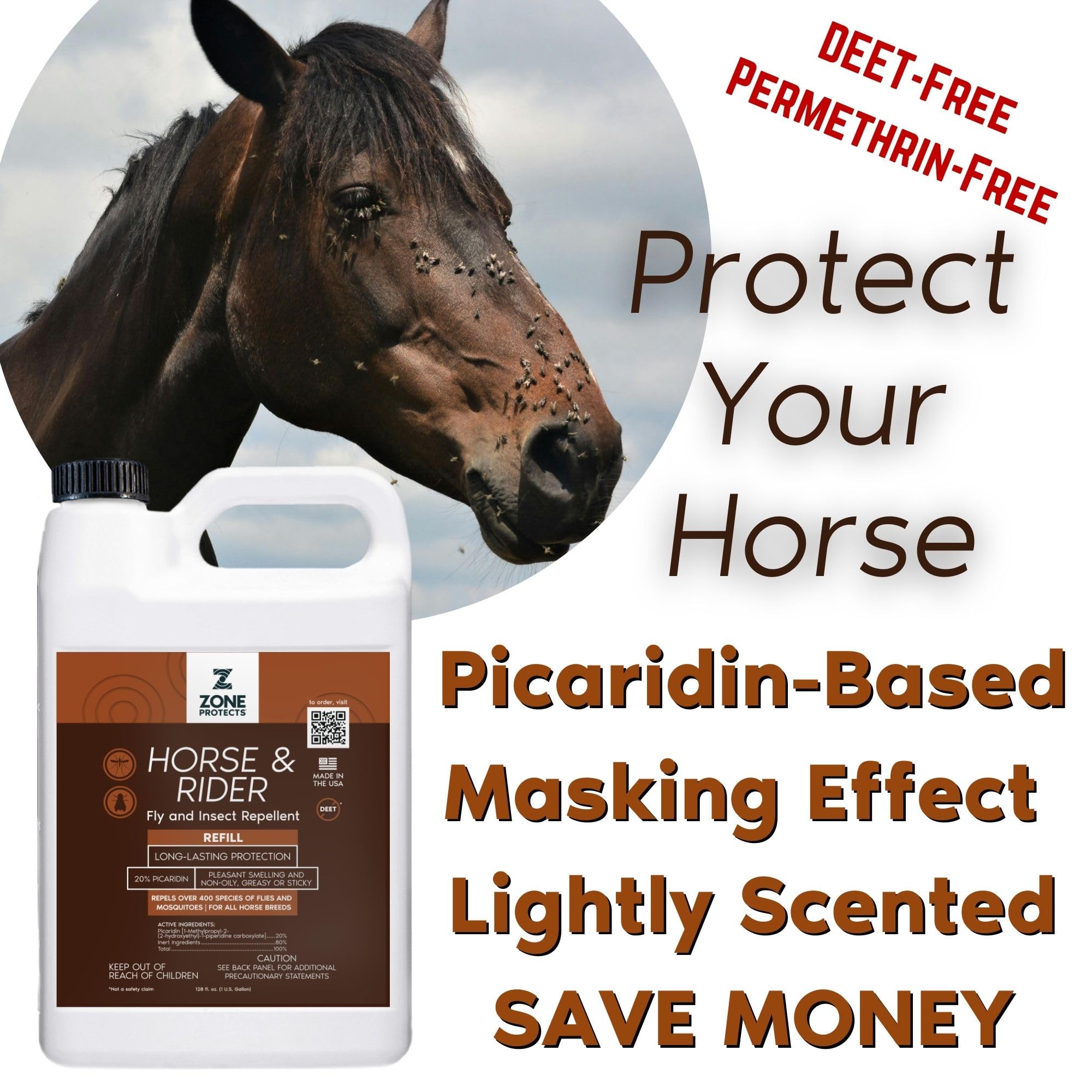 Zone Protects Horse & Rider Fly Insect Repellent; Gallon Refill; Picaridin Based; 12-Hr Protection Against 400 Fly Species; Ligh