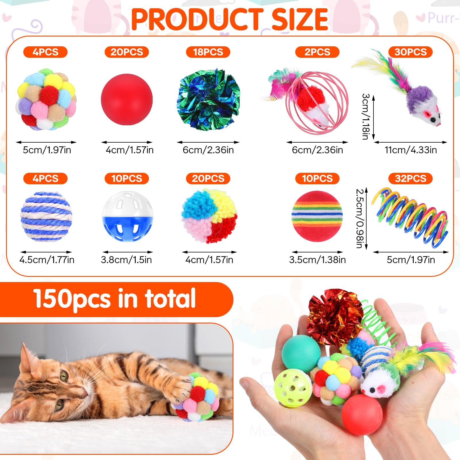 150 Pcs Cat Toys Bulk, Kitten Toys Assorted Cat Toy Variety Pack Cats Toy Bundle With Mice Rainbow Balls/Springs Crinkle Balls/L