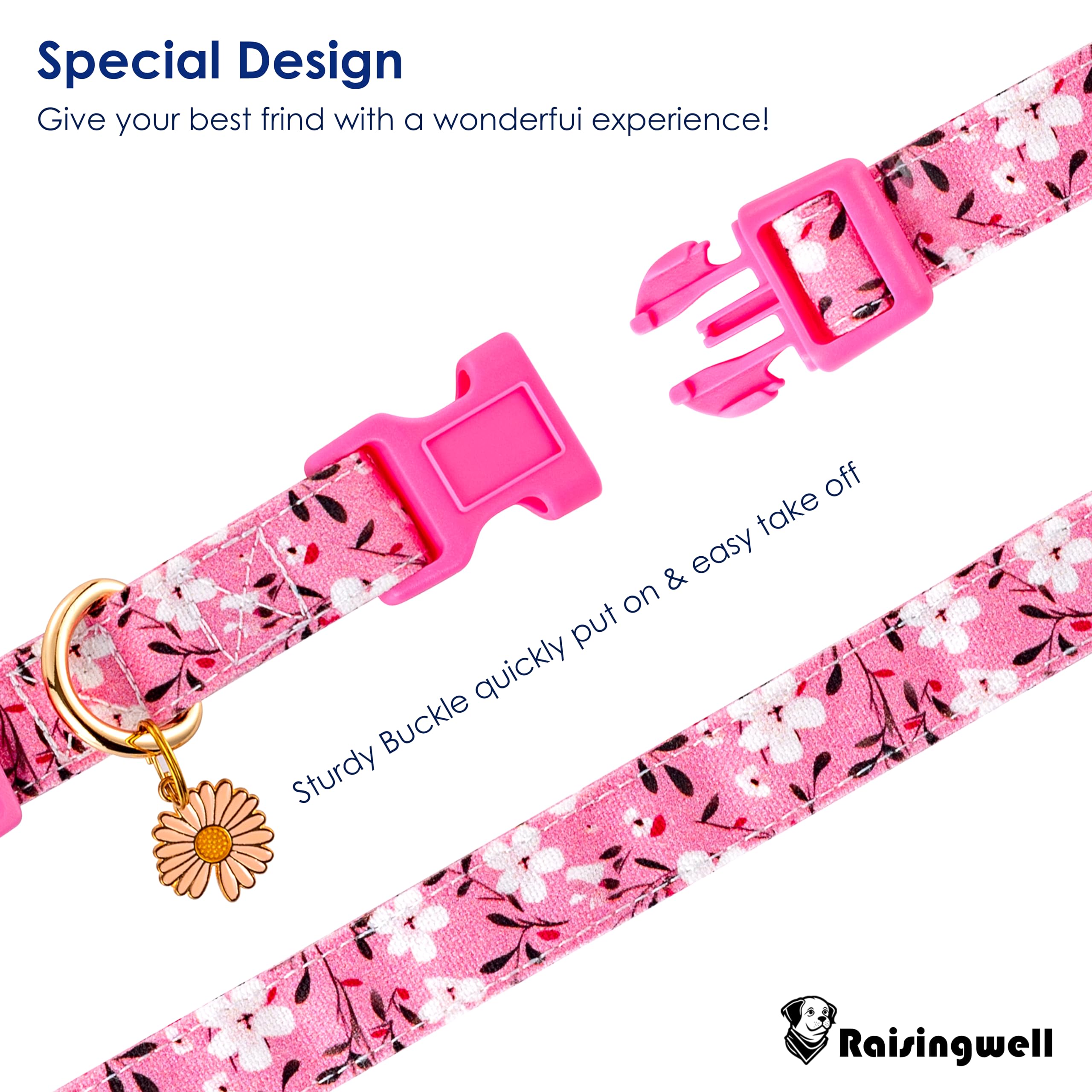 Raisingwell Cotton Dogs Collar Pink Flower Patterns For Boys And Girls Cute Dog Collars Summer Fall Gift Adjustable For Small To