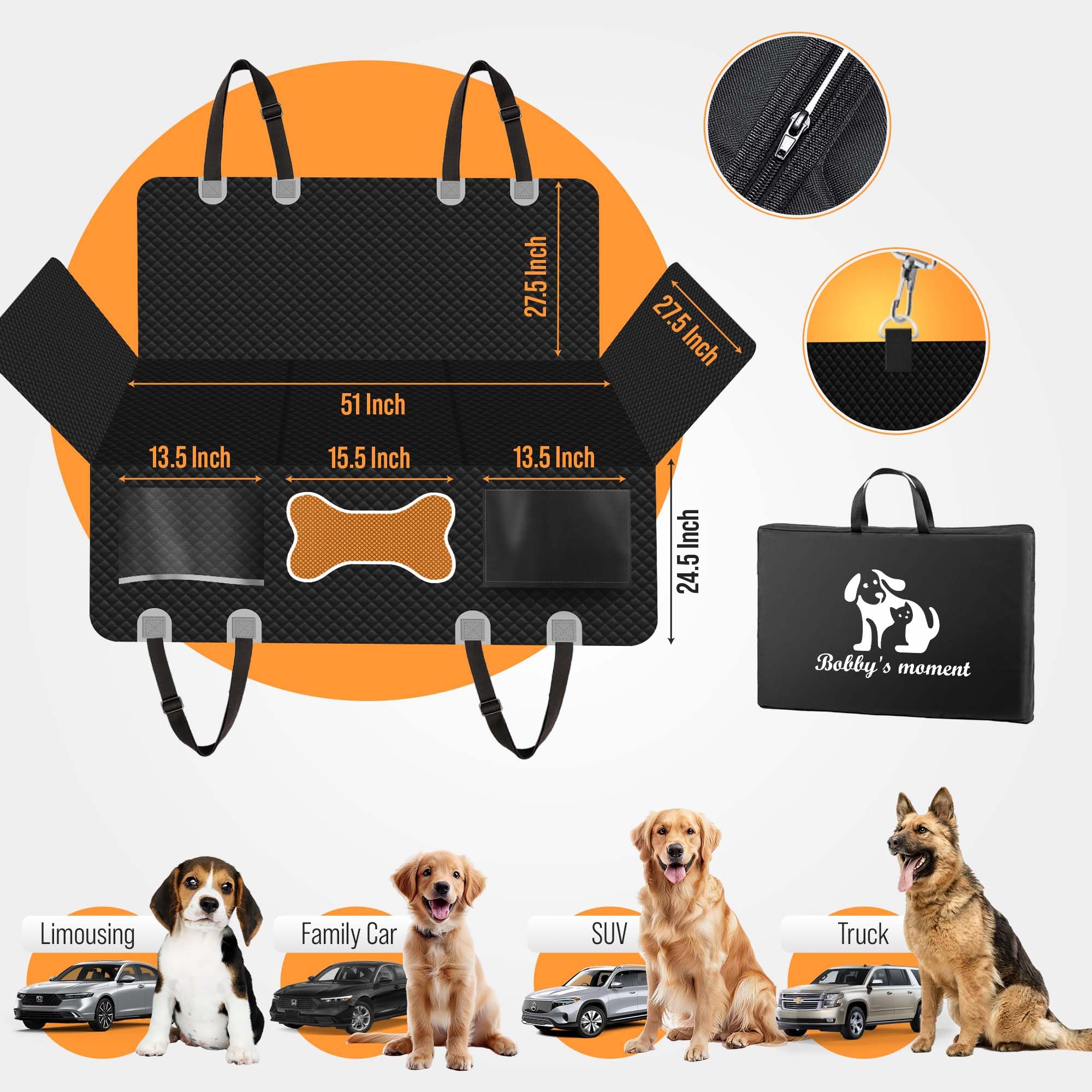 Bobby'S Moment Dog Car Seat Cover For Back Seat - Hard Bottom Dog Hammock & Extender For Dogs, Waterproof, Non-Slip, Scratchproo