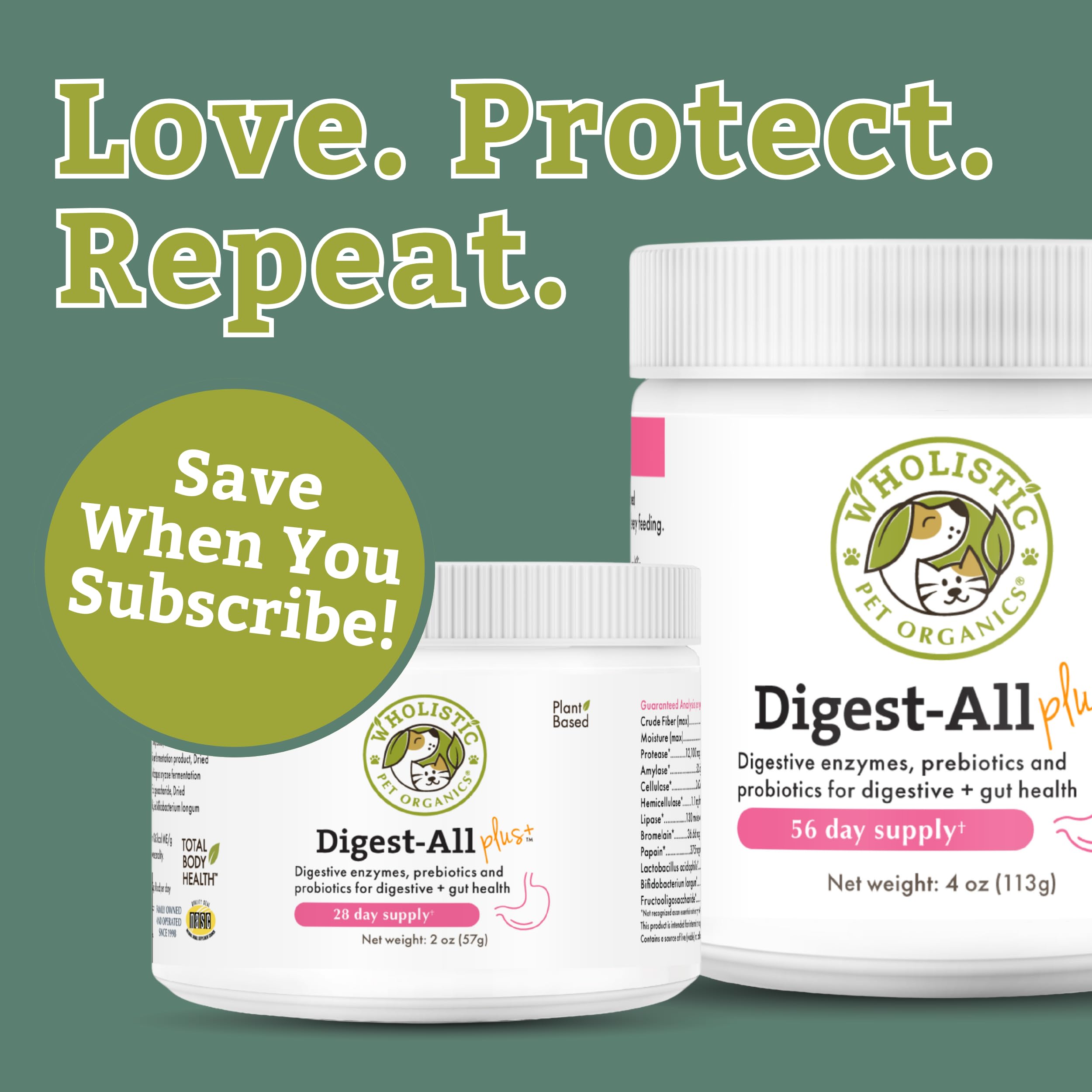 Wholistic Pet Organics Probiotics for Dogs with Digestive Enzymes & Prebiotic Fiber - 8 Oz - Daily Cat & Dog Probiotics for Dige