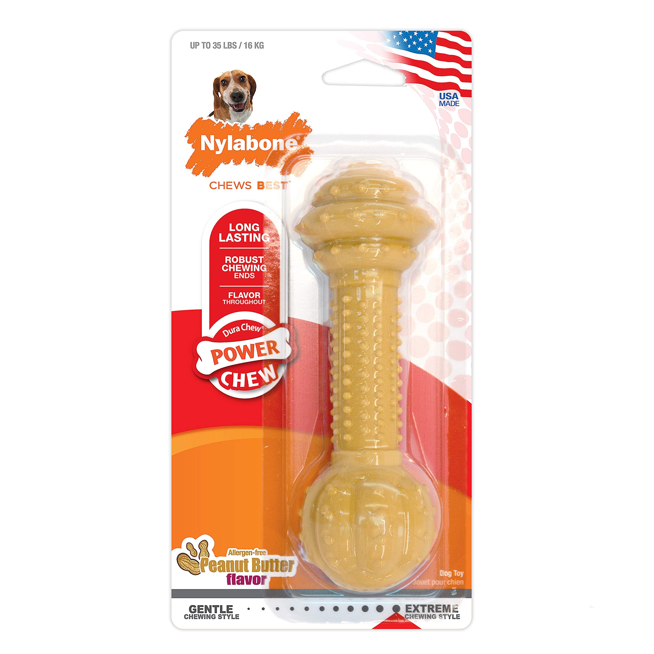 Nylabone Barbell Bone Power Chew Toy For Dogs, Dog Toys For Aggressive Chewers, Peanut Butter Flavor, Medium - Up To 35 Lbs, 1 Count