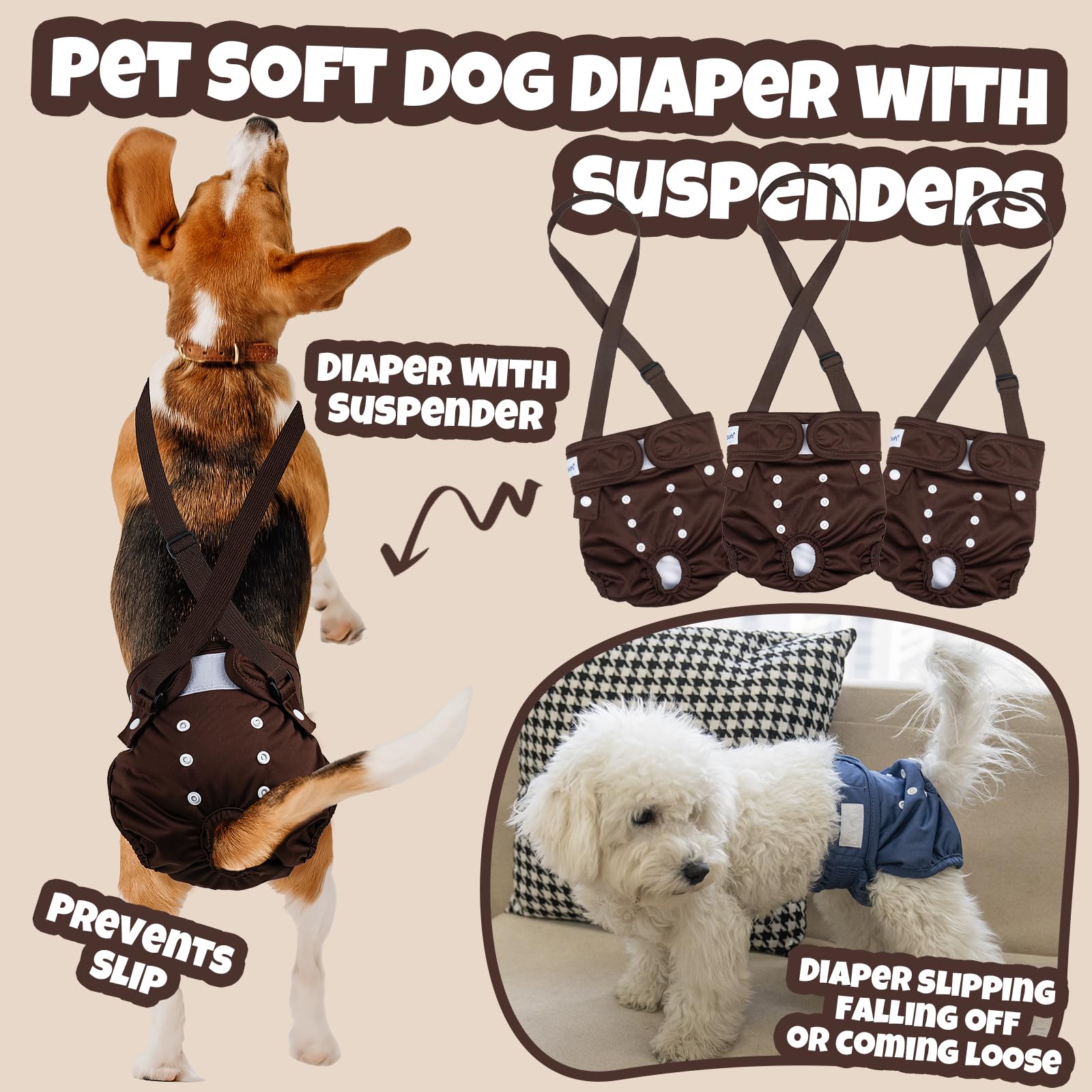 Pet Soft Washable Female Dog Diapers With Adjustable Suspenders (3 Pack) Escape-Proof Super Absorb Reusable Diapers For Heat, Tr
