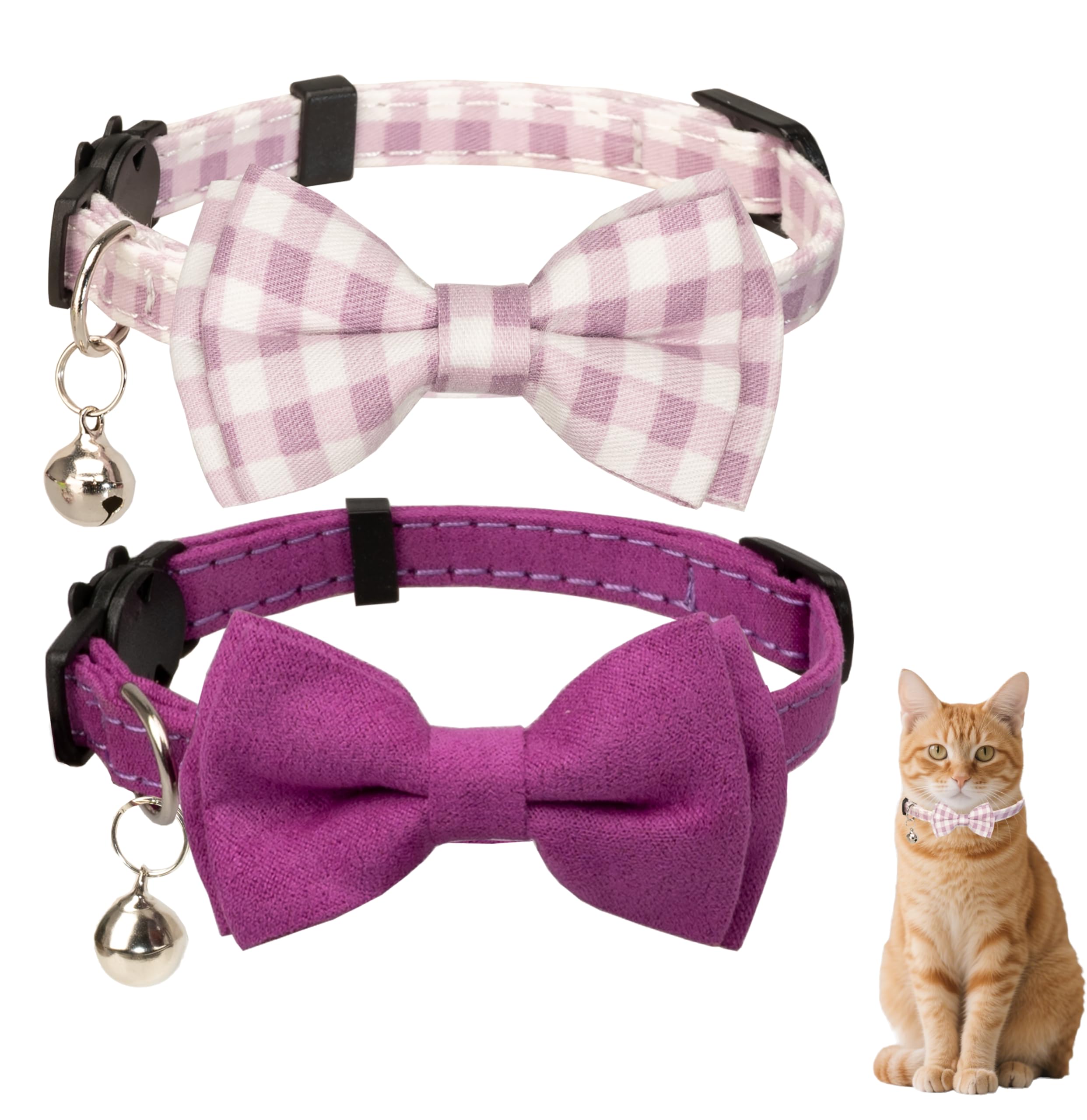 Gyapet Cat Collar Breakaway With Bell Boy Girl Kitten Bow Tie Safety Plaid Solid Color Set Cute Soft Summer [2Pcs] Purple