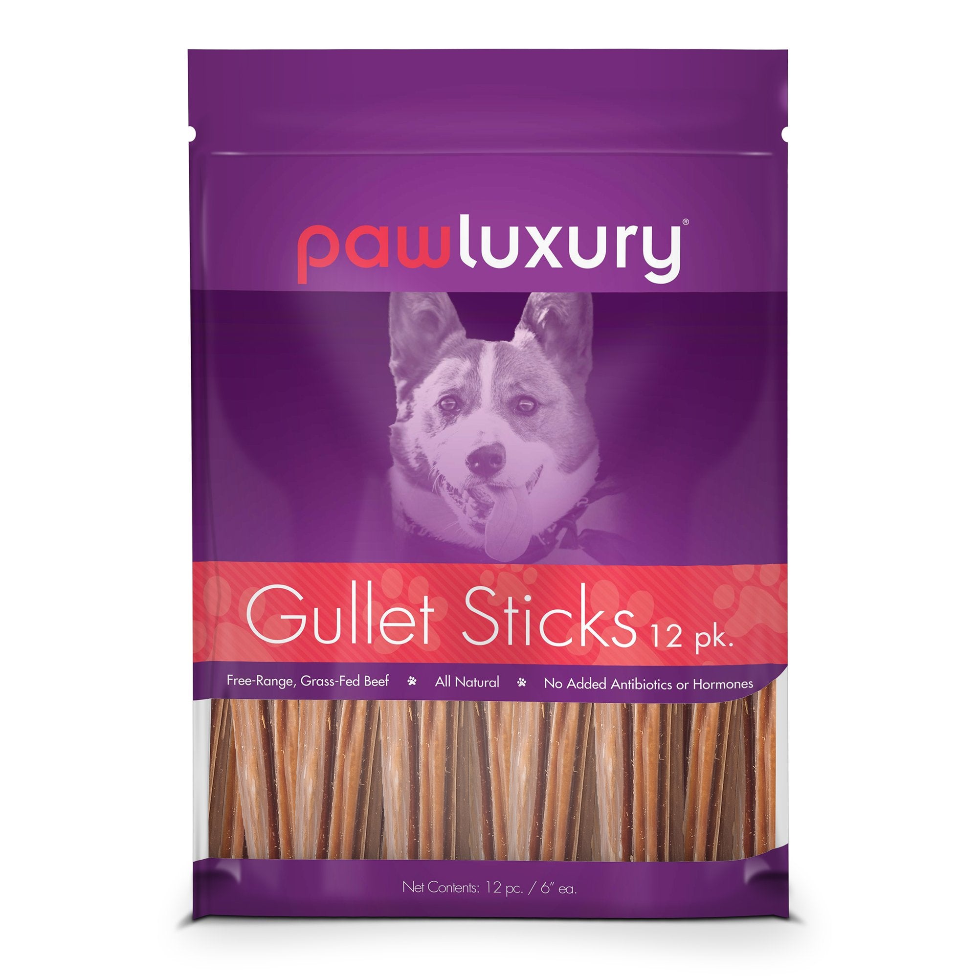 6-Inch Gullet Sticks By Pawluxury (12 Pack) All-Natural Beef Dog Treats