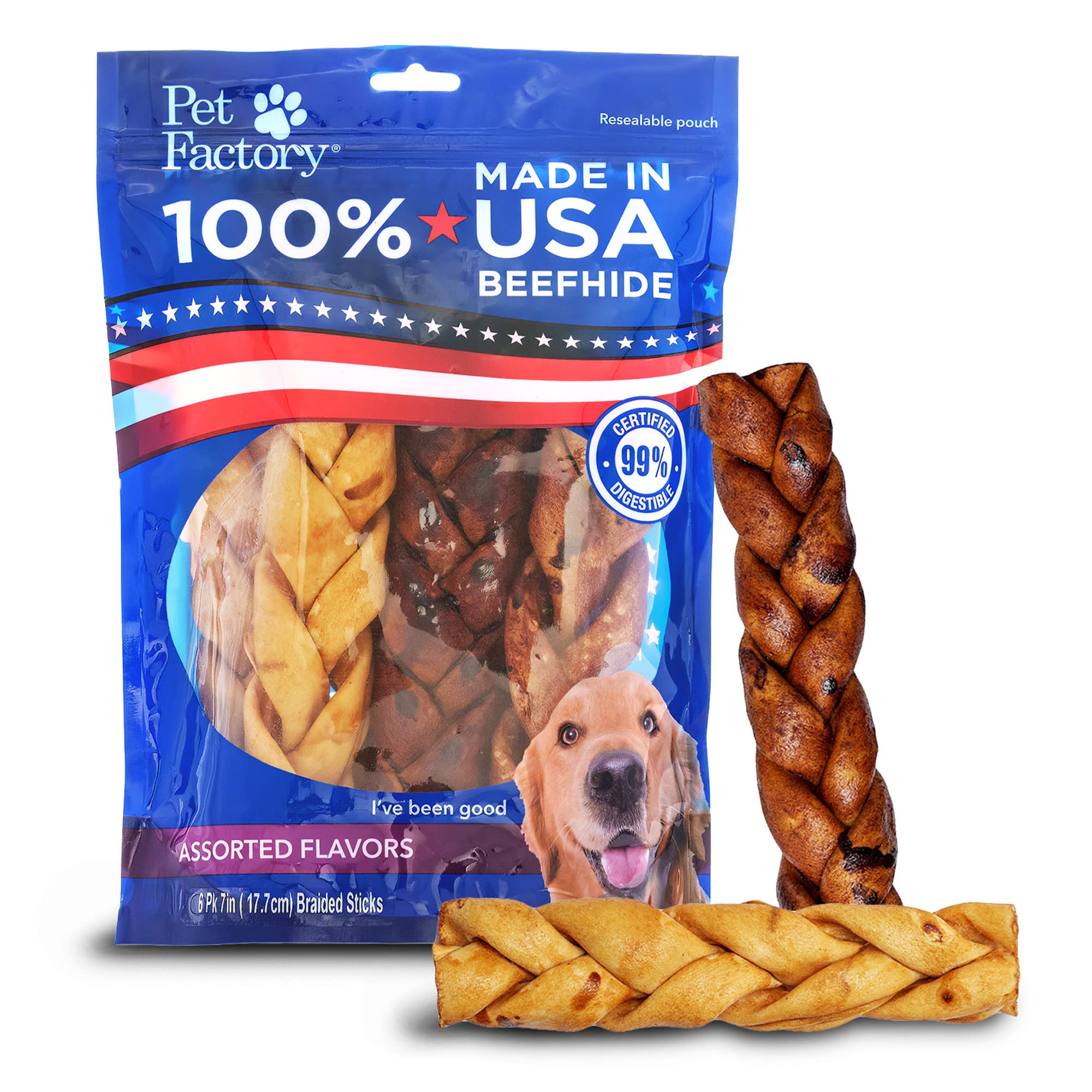 Pet Factory 100% Made in USA Beefhide 7 Braided Sticks Dog Chew Treats - Beef & Chicken Flavor, 6 Count/1 Pack