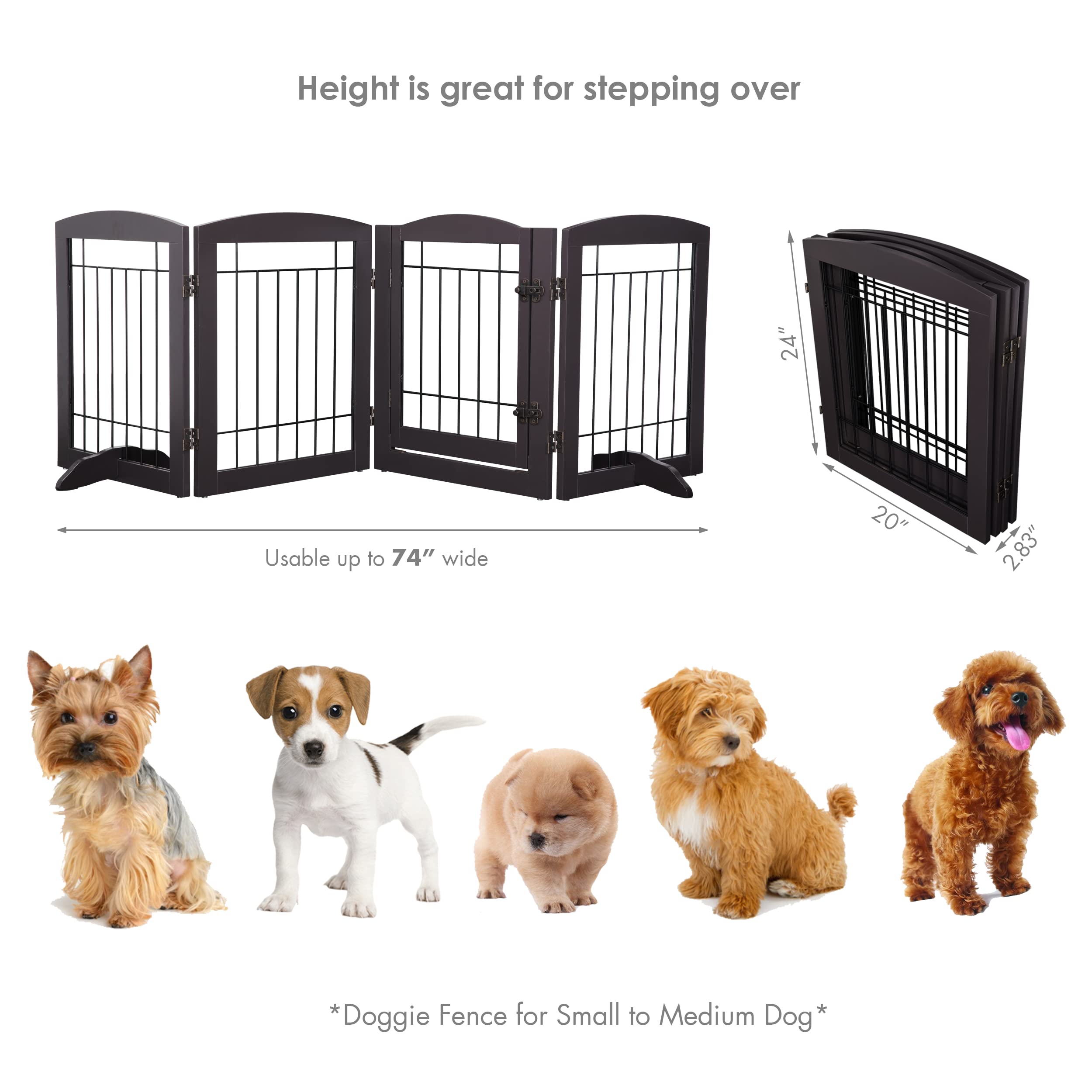 Pawland Free Standing Pet Gate With Door Walk Through, Dog Gate For The House, Doorway, Stairs, 80 Inch Wide Puppy Safety Fence, Support Feet Included, 4 Panels, 24 Inches Tall (Espresso)