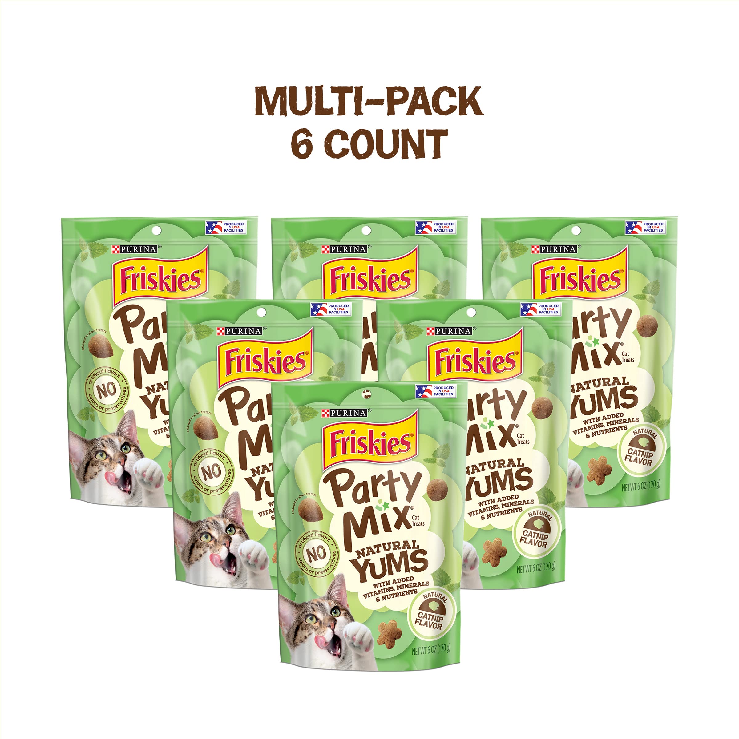 Purina Friskies Made in USA Facilities, Natural Cat Treats, Party Mix Natural Yums Catnip Flavor - (Pack of 6) 6 oz. Pouches