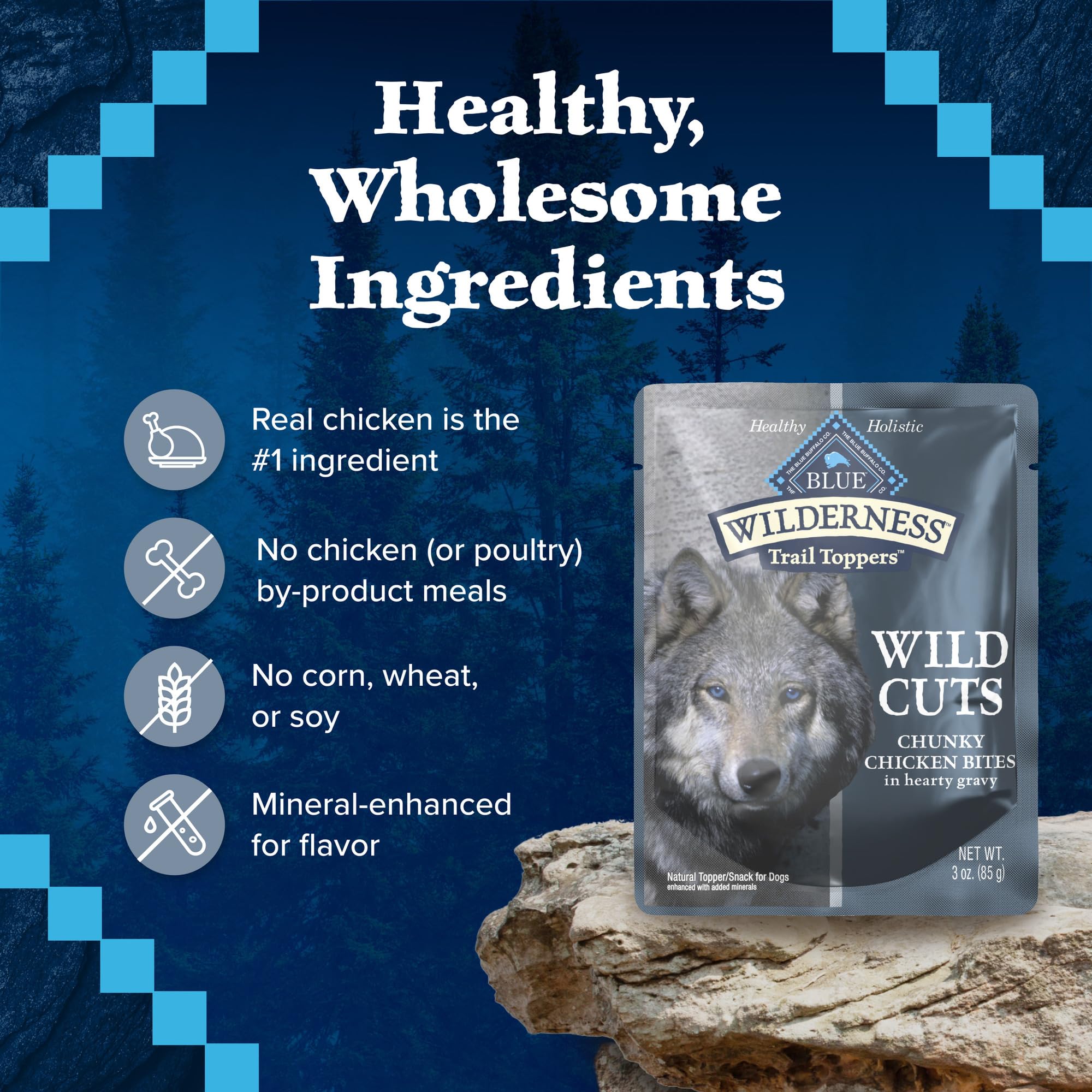 Blue Buffalo Wilderness Trail Toppers Wild Cuts High Protein Natural Wet Dog Food, Chunky Chicken Bites in Hearty Gravy, 3 Oz po