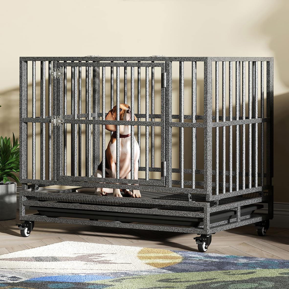 Luckyberry Heavy Duty Extra Large Dog Crate With Wheels - Indestructible 38/42/46 Inch Chew-Proof, Escape-Proof Kennel For High-