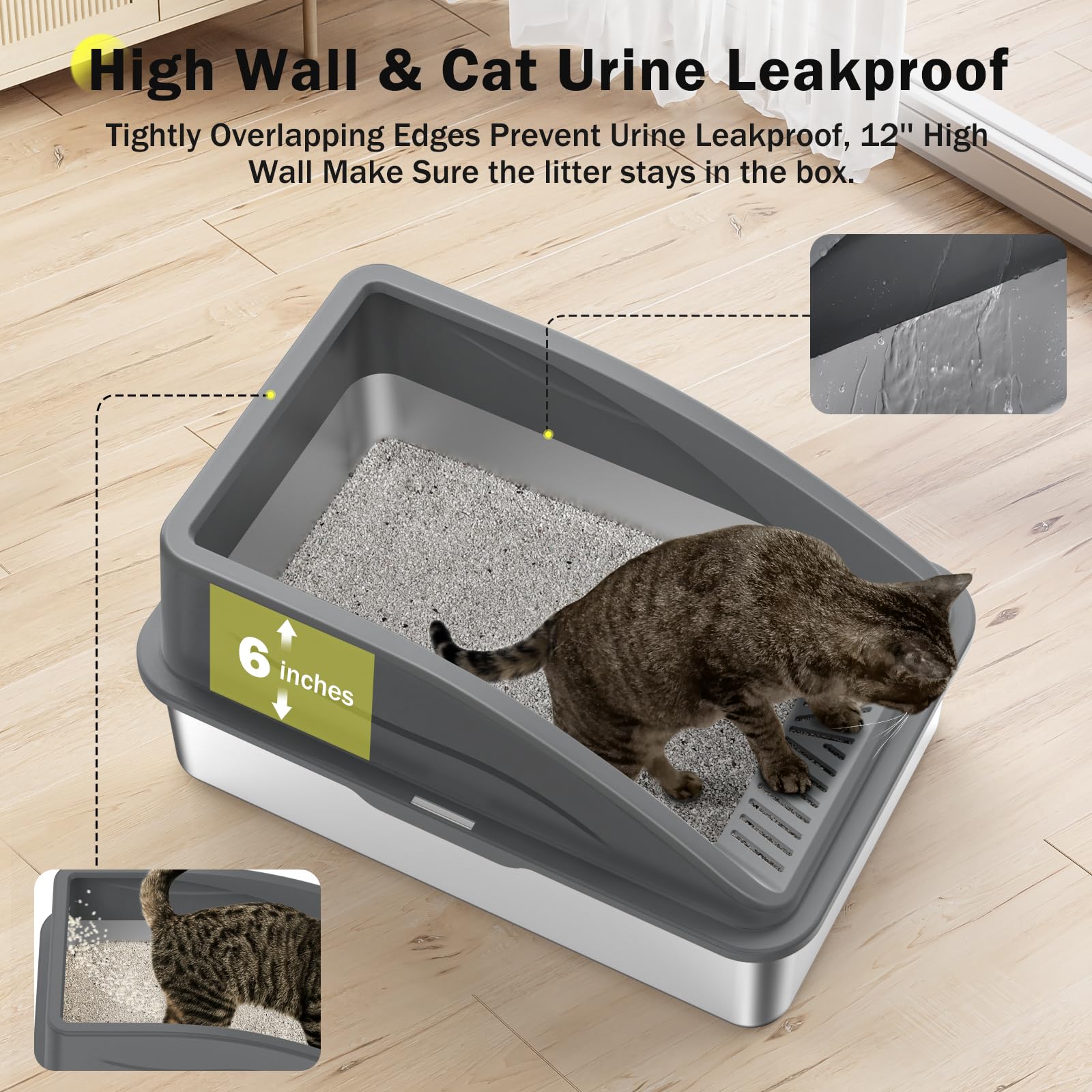 Stainless Steel Cat Litter Box, Extra Large Litter Boxes for Big Cats, Anti-Urine Leakage XL Box with High Sides, XLarge Metal L