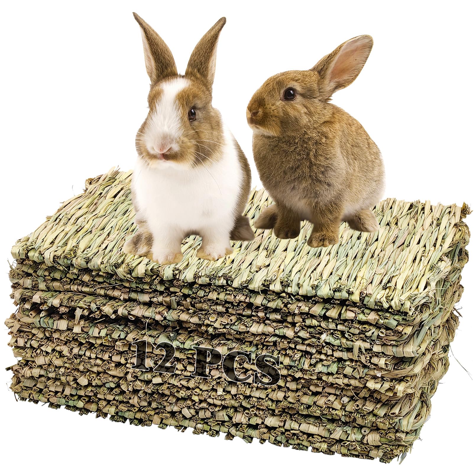 Kathson 12 Pcs Rabbit Large Grass Mat Natural Grass Woven Mat Rabbits Chew Toys Grass Bedding Nest For Small Animal Bunny Rabbit