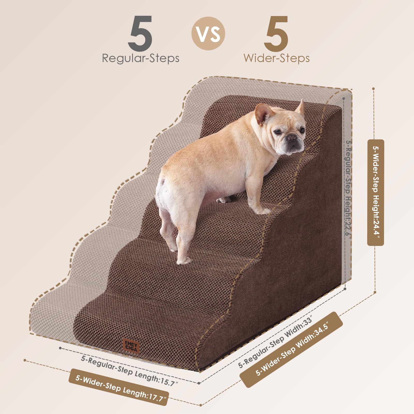 Eheyciga Curved Dog Stairs Ramp For High Beds, 5-Step Extra Wide Dog Steps For Small Dogs And Cats, Pet Stairs For High Bed Clim
