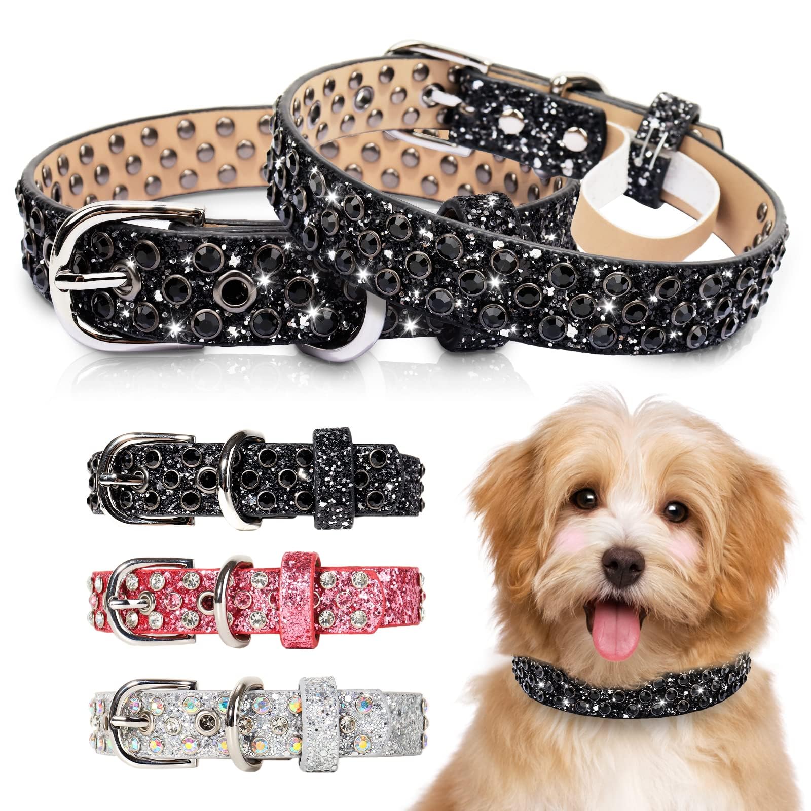 Octbersieg Rhinestone Leather Collar - Black Bling For Small To Large Dogs - Sparkly Diamond Glitter