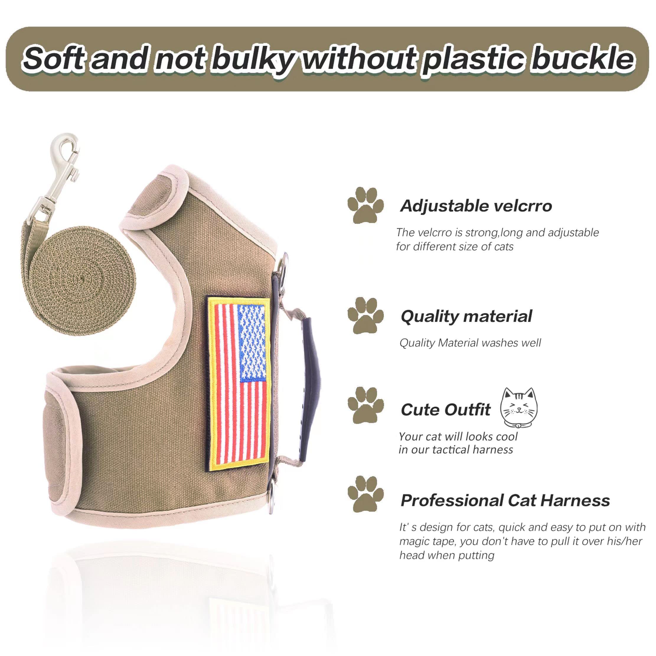 Tactical Cat Harness And Leash For Walking Escape Proof, Adjustable Cat Walking Jackets, Padded Stylish Cat Vest, Khaki, Large