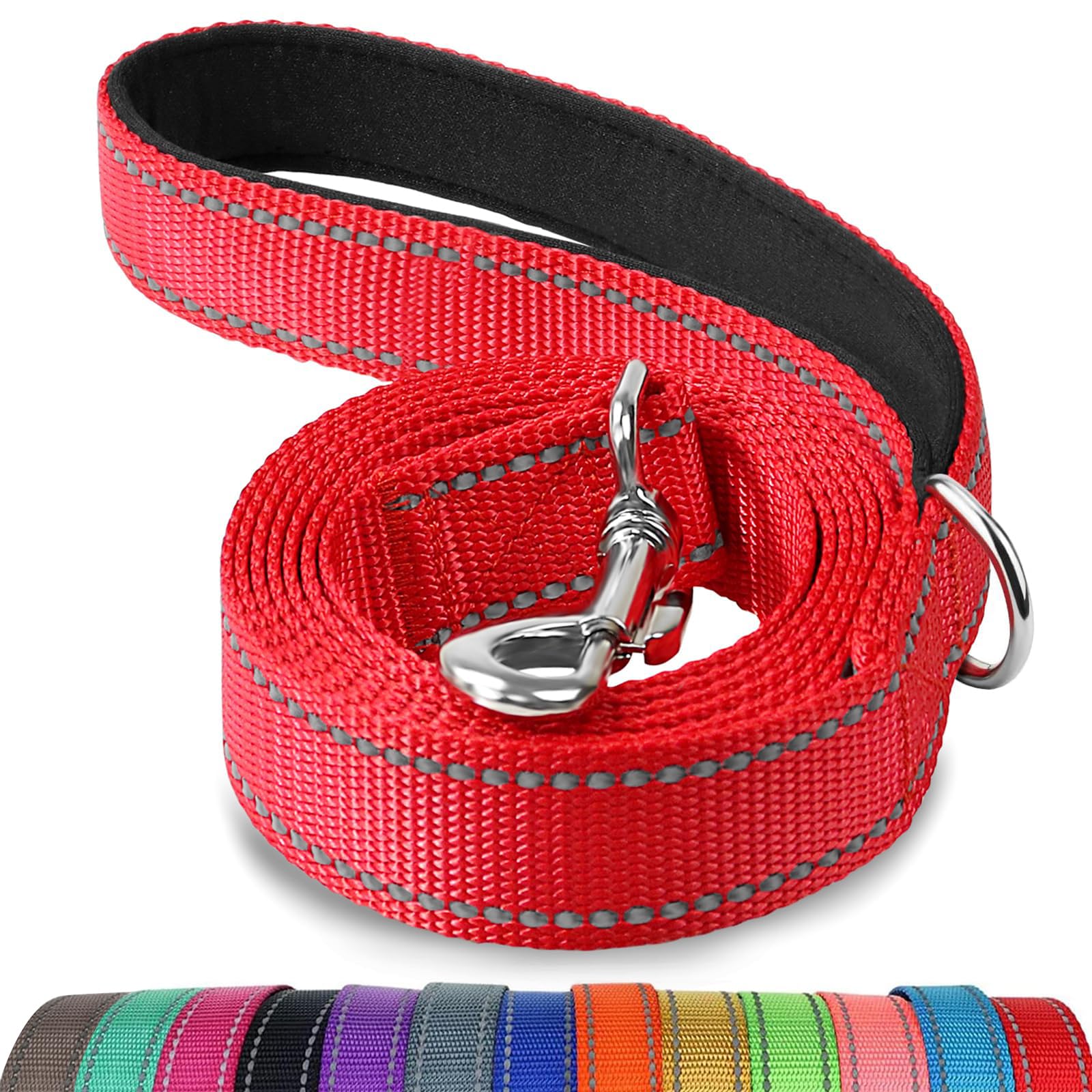 Joytale Double-Sided Reflective Dog Leash, 6 Ft/5 Ft/4 Ft, Padded Handle Nylon Dogs Leashes For Medium & Large Dogs Walking, Red, 5Ft