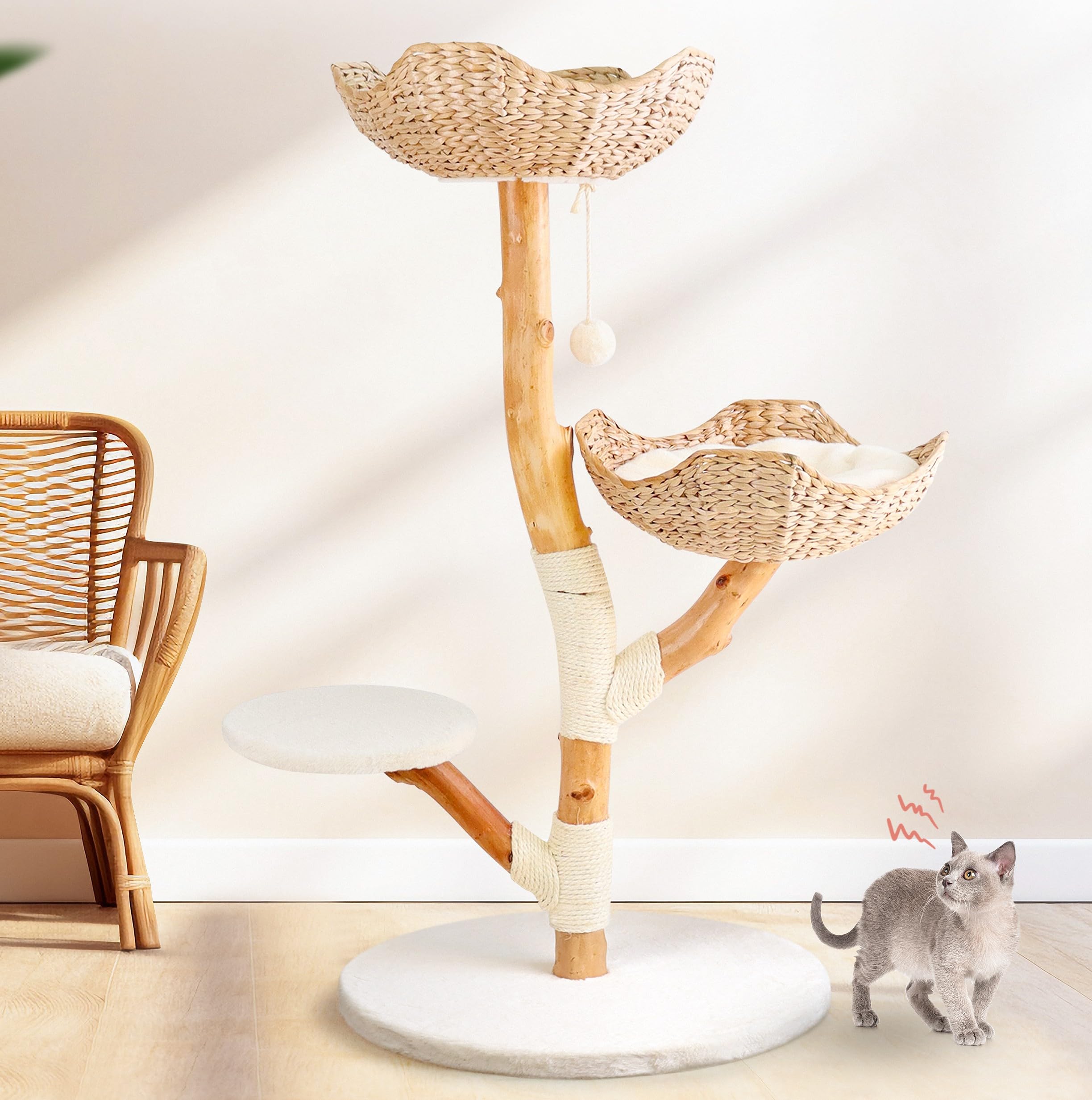 Real Wood Modern Cat Tree Tower, Cat Scratching Post With Bed For Indoor Cats Large Adult, Solid Wooden Climbing Tower, Cute Wic