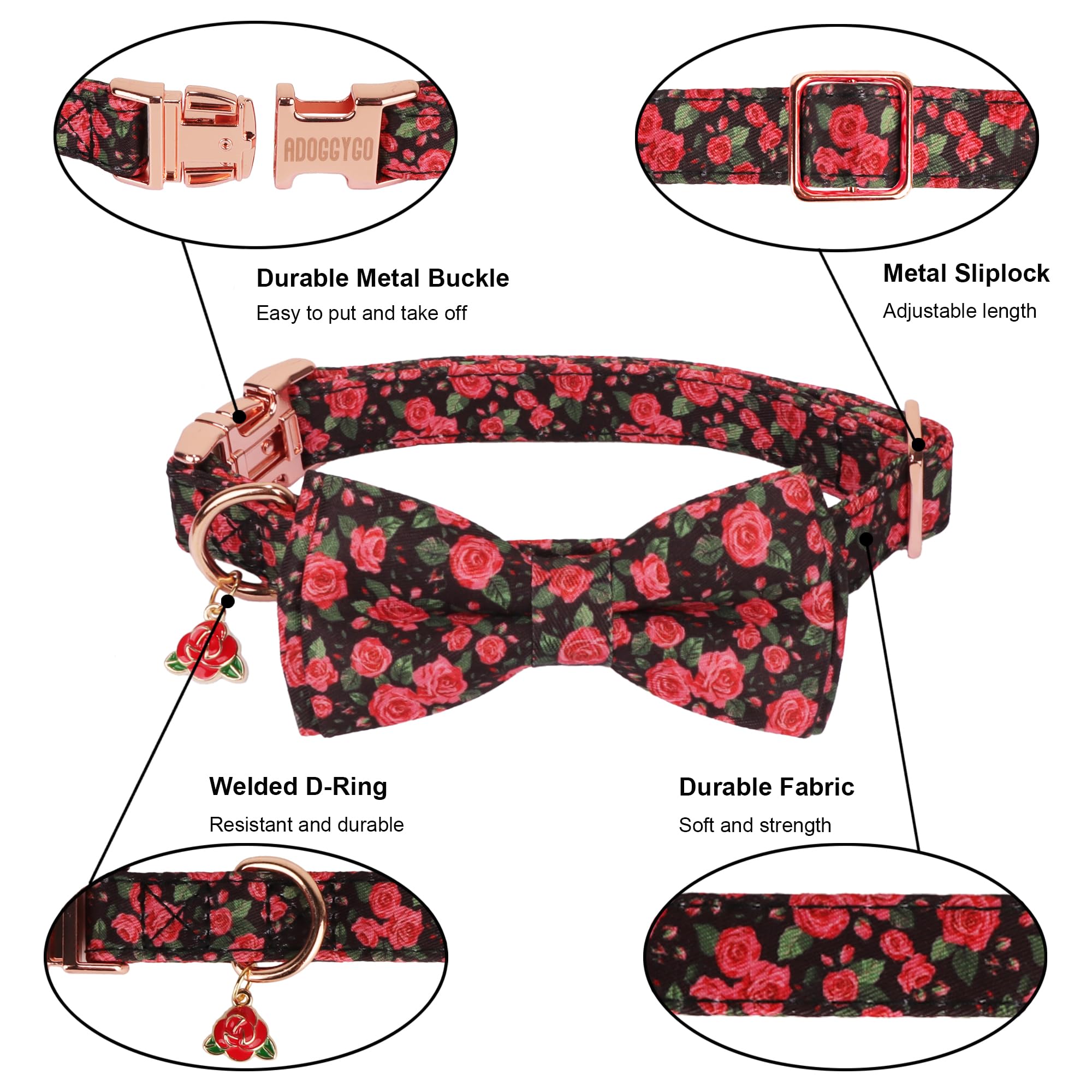 Adoggygo Floral Dog Collar With Bow, Red Rose Flower Dog Bowtie Collar With Metal Buckle, Adjustable Pet Floral Collars For Medi