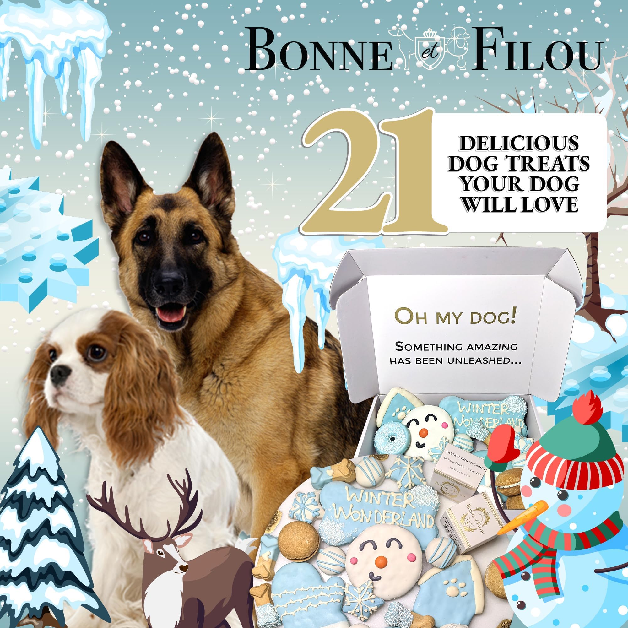 Bonne et Filou Winter Dog Treats, Gourmet Gift Box, 21 Luxury Macarons, Truffles & Bone Cookies, Healthy & Delicious Treats for