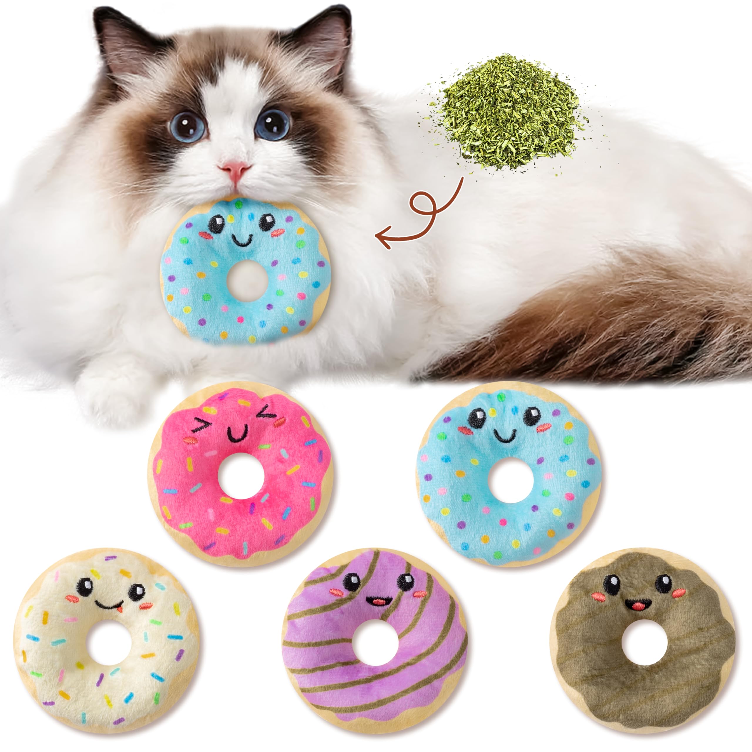 L1Rabe Summer Donut Catnip Stuffed Toys - 5Pcs Funny Dessert Cat Toys Black Cat Appreciation Day Pet Supplies, Indoor Cats Chew 