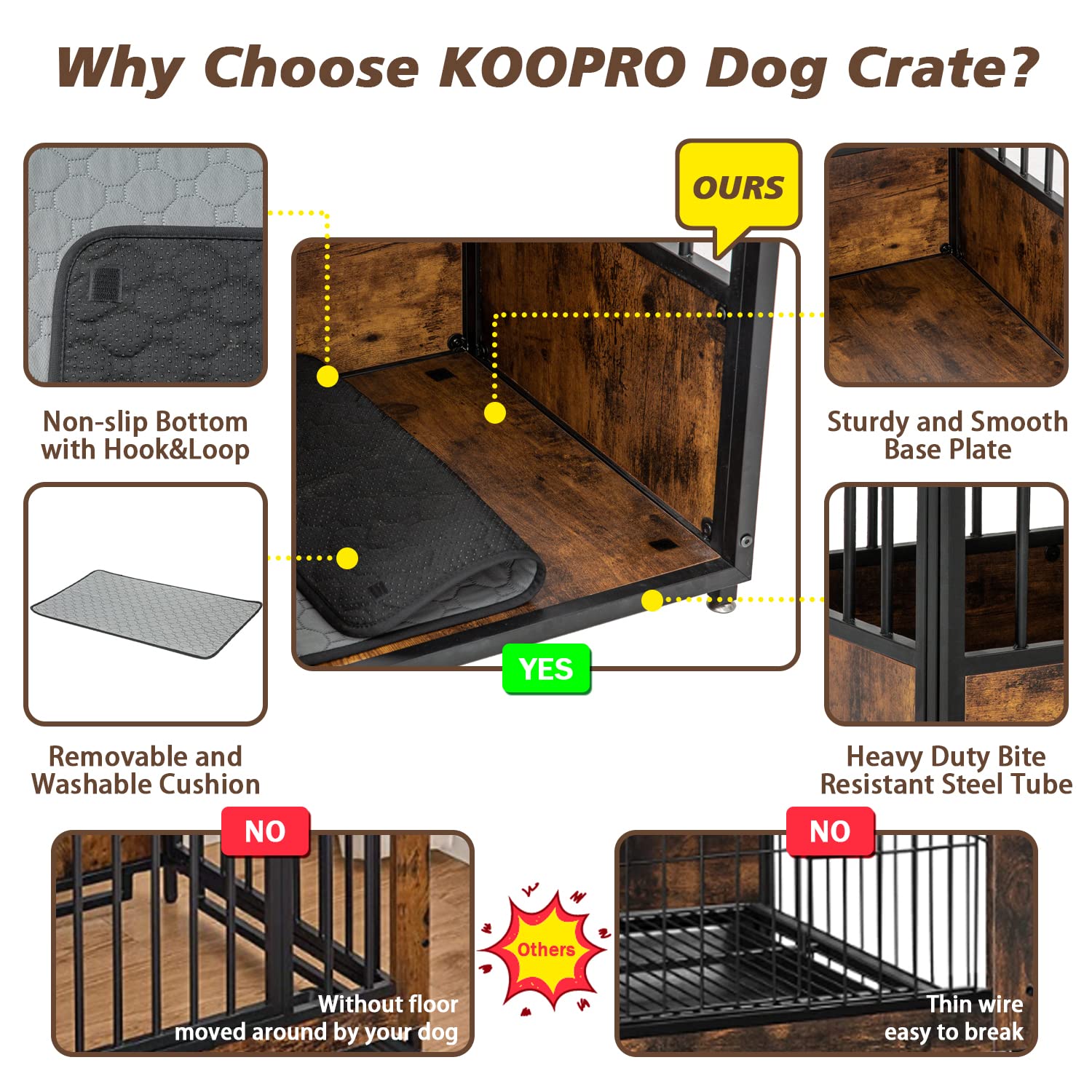 KOOPRO Dog Crate Furniture with Cushion, 40" Wooden Kennel, Rustic Brown, Double Doors, Heavy Duty, Model KO220801-0000-01