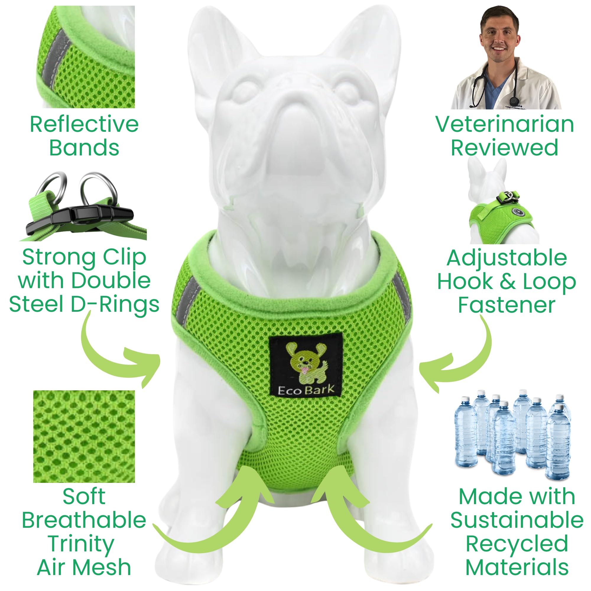 Ecobark Step In Dog Harness - Eco-Friendly Dog Harnesses For For Small & Medium Breed Dogs - Reflective And Adjustable Chest Body Halter Vest -Soft Luxurious Mesh (Green, Xl)