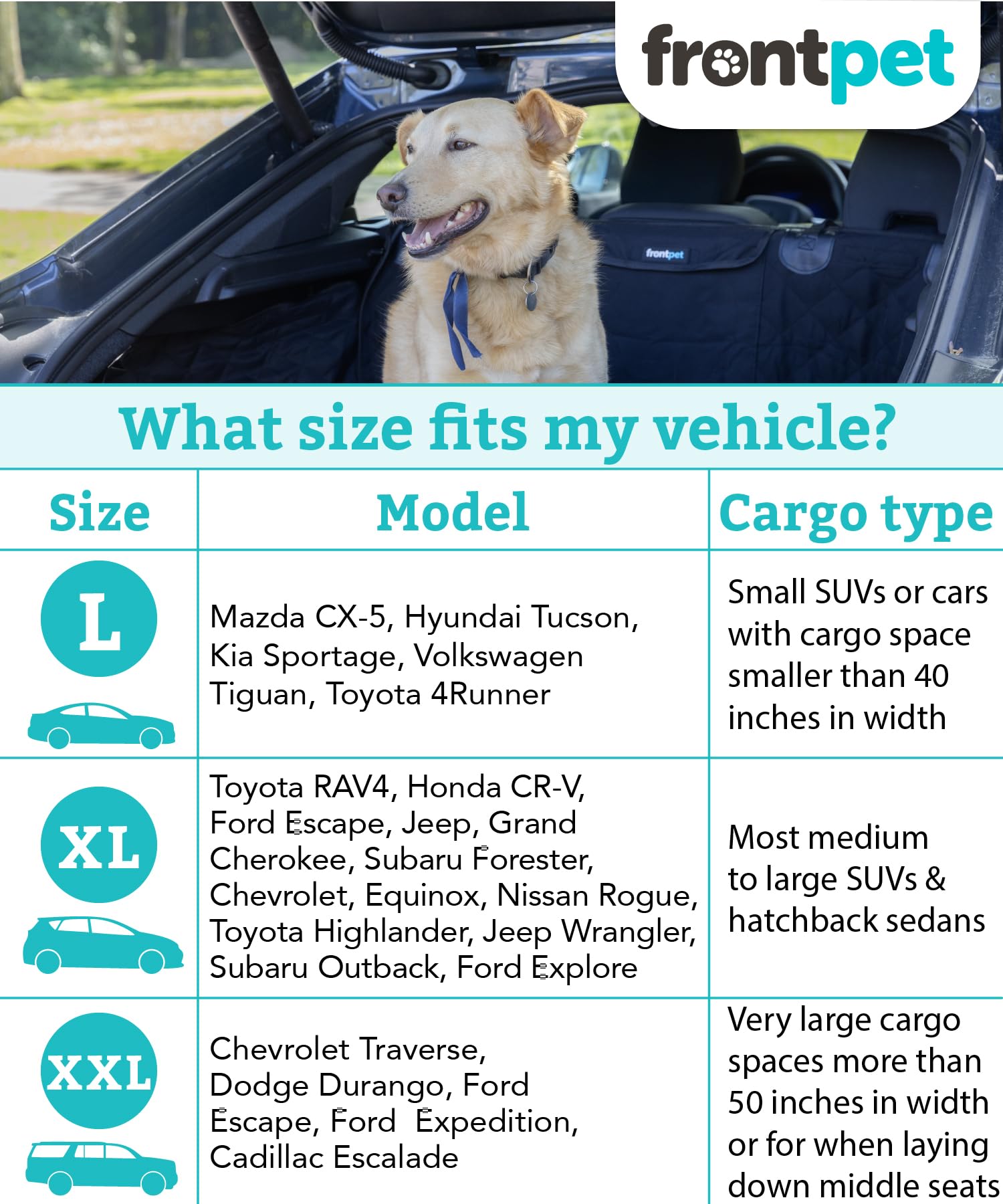 FrontPet SUV Cargo Liner for Dogs - Water-Resistant Pet Trunk Cargo Cover Mat for SUVs and Sedans with Bumper Flap Protector, Tr