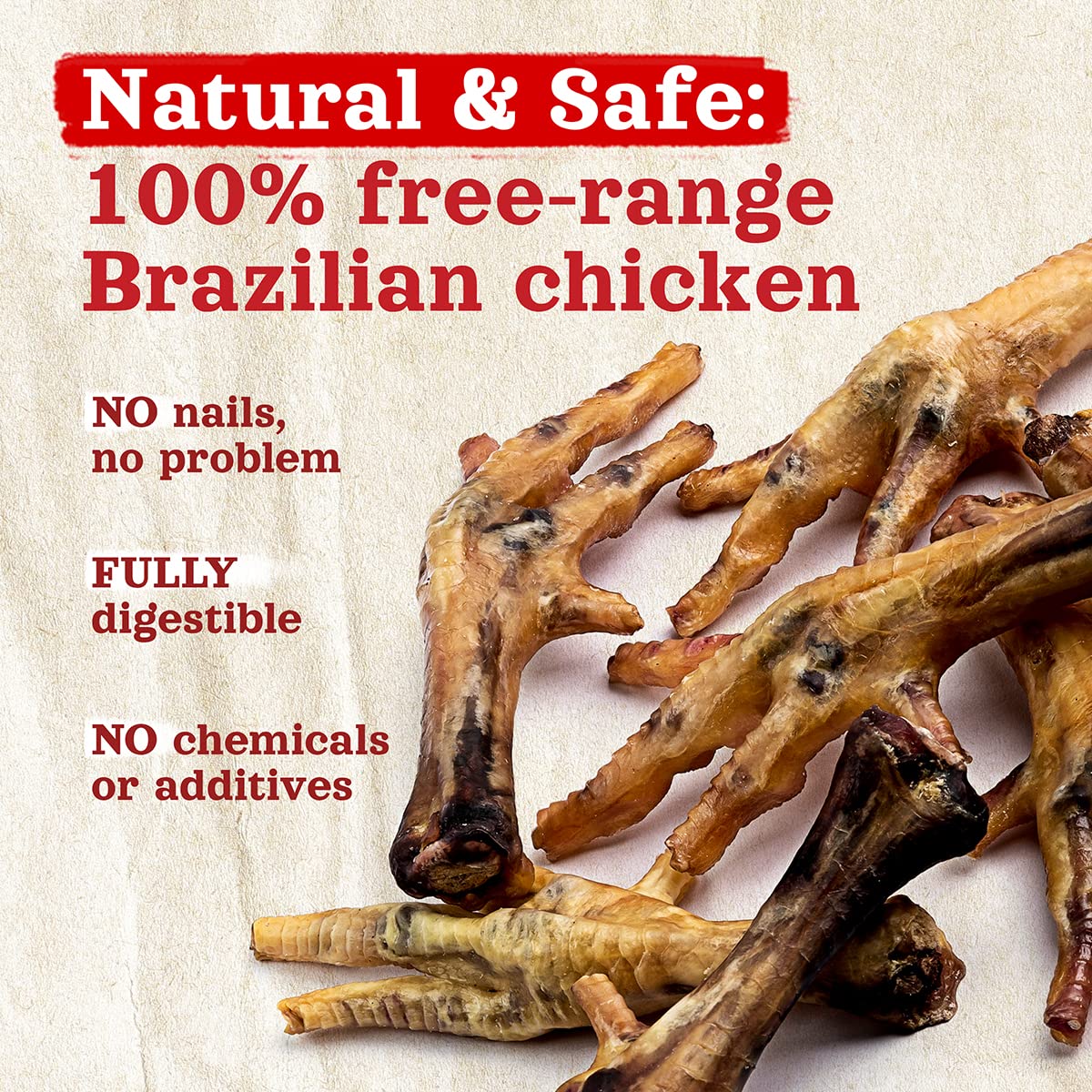 Natural Farm Nail-Free Chicken Feet Dog Treats (100 Pack), 100% Free-Range Air Dried Chicken Feet, No Nails, Fully Digestible, H