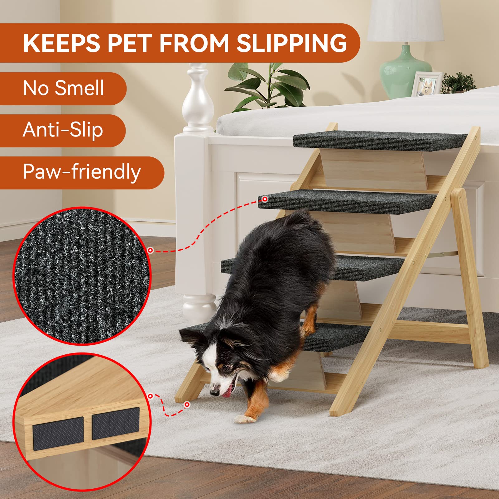 Runlexi Pet Stairs/Steps, Large Dogs Steps For High Beds, Sofa, Couch, Car, 2-In-1 Foldable Wood Dog Ramp With Non-Slip Pads, Sa